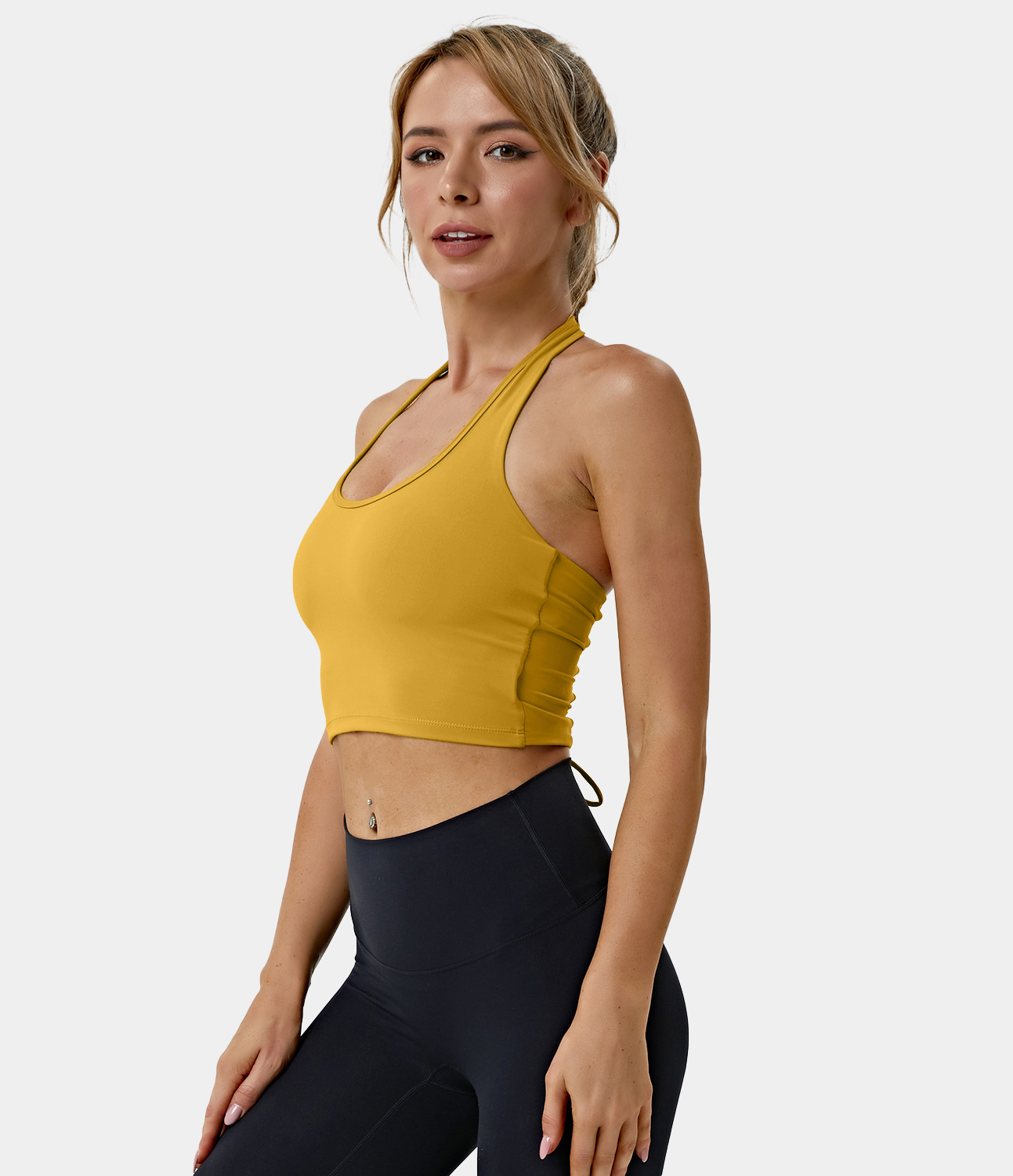 Halara Halter Backless Crisscross Lace Up Workout Cropped Tank Top Tank Top - Goldenrod - L golf tops halter top tunic tops sleeveless tops 