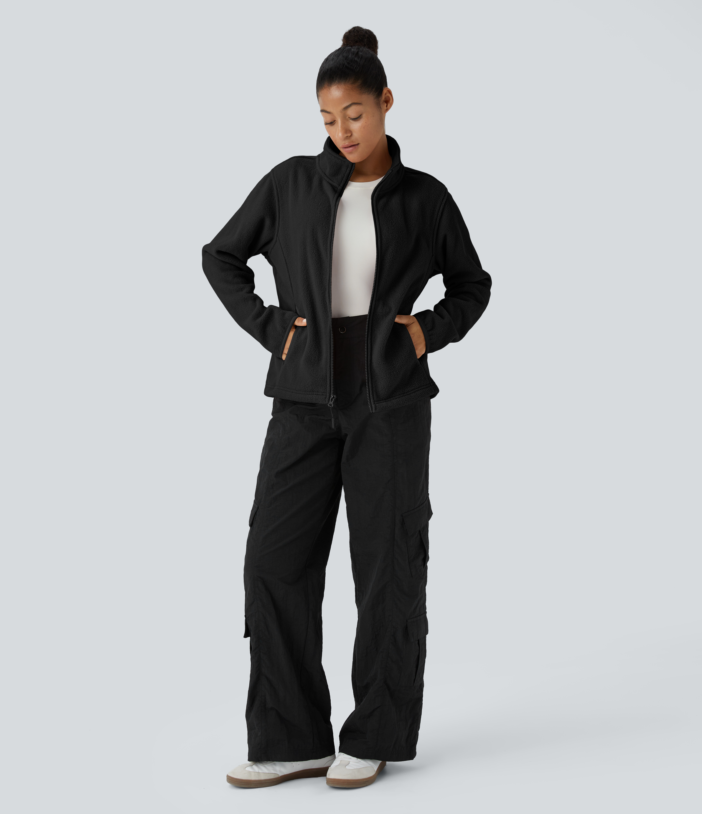 Halara Funnel Neck Long Sleeve Zipper Side Pocket Casual Fleece Jacket  - Black - S 