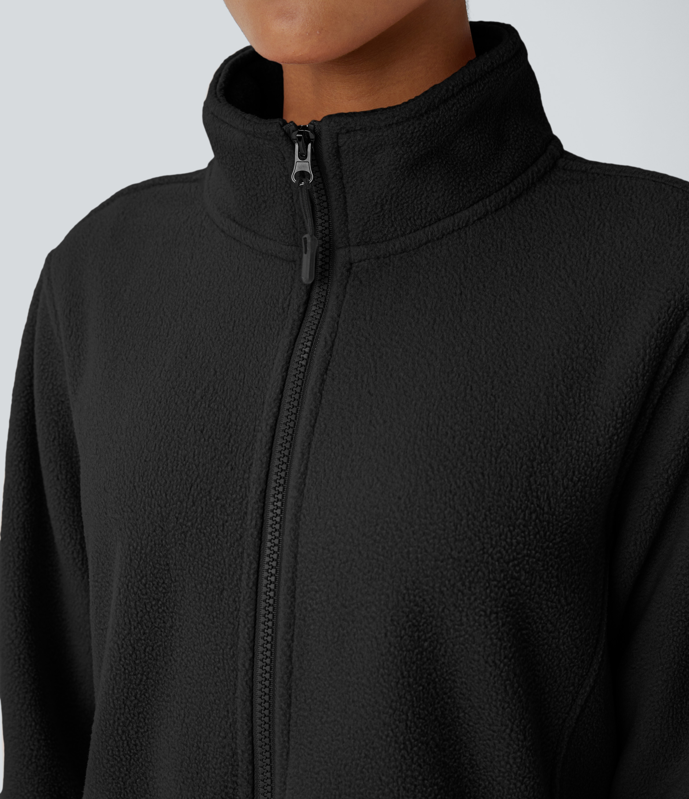 Halara Funnel Neck Long Sleeve Zipper Side Pocket Casual Fleece Jacket  - Black - S 