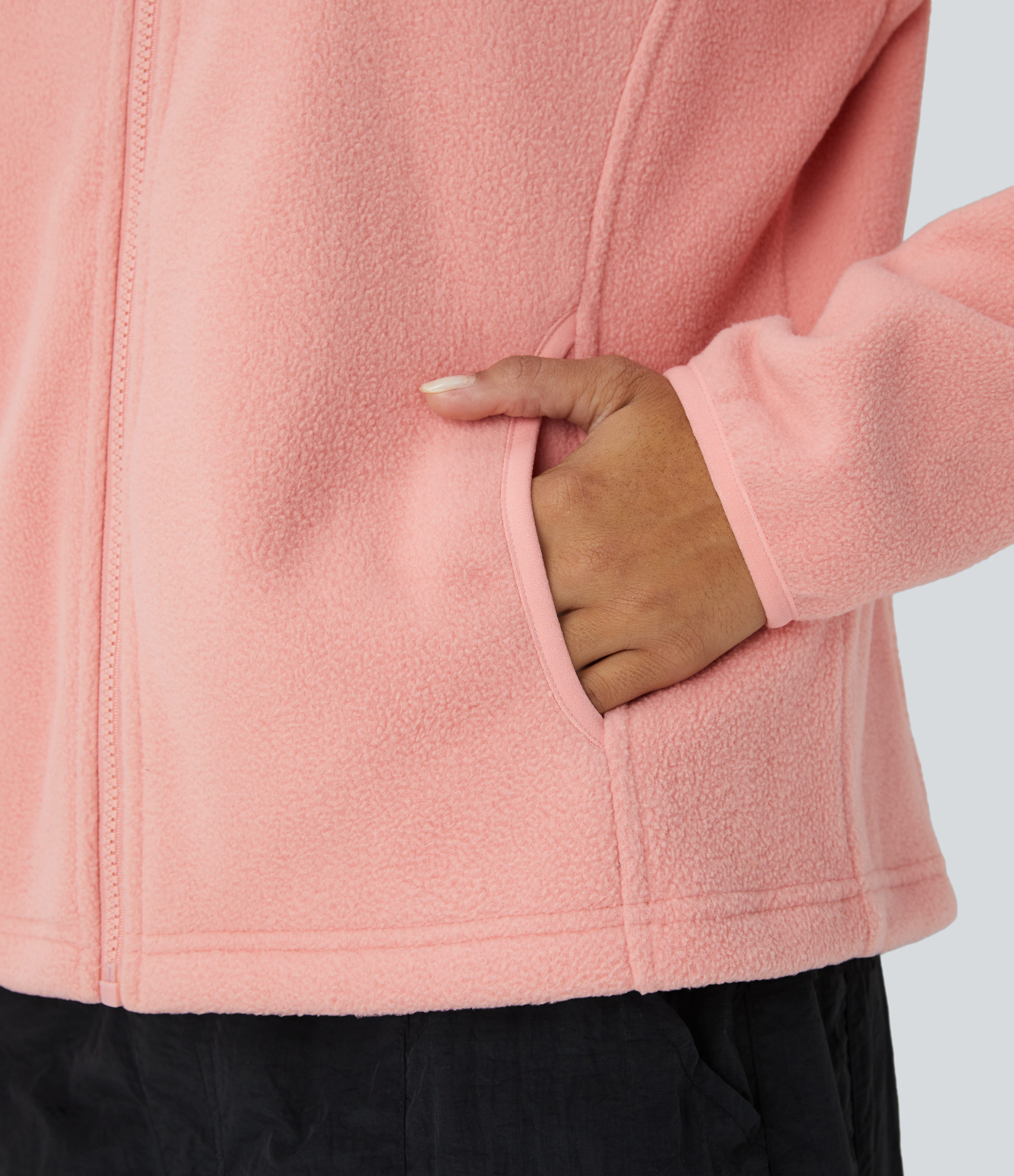 Halara Funnel Neck Long Sleeve Zipper Side Pocket Casual Fleece Jacket  - Coral Cloud - XL 