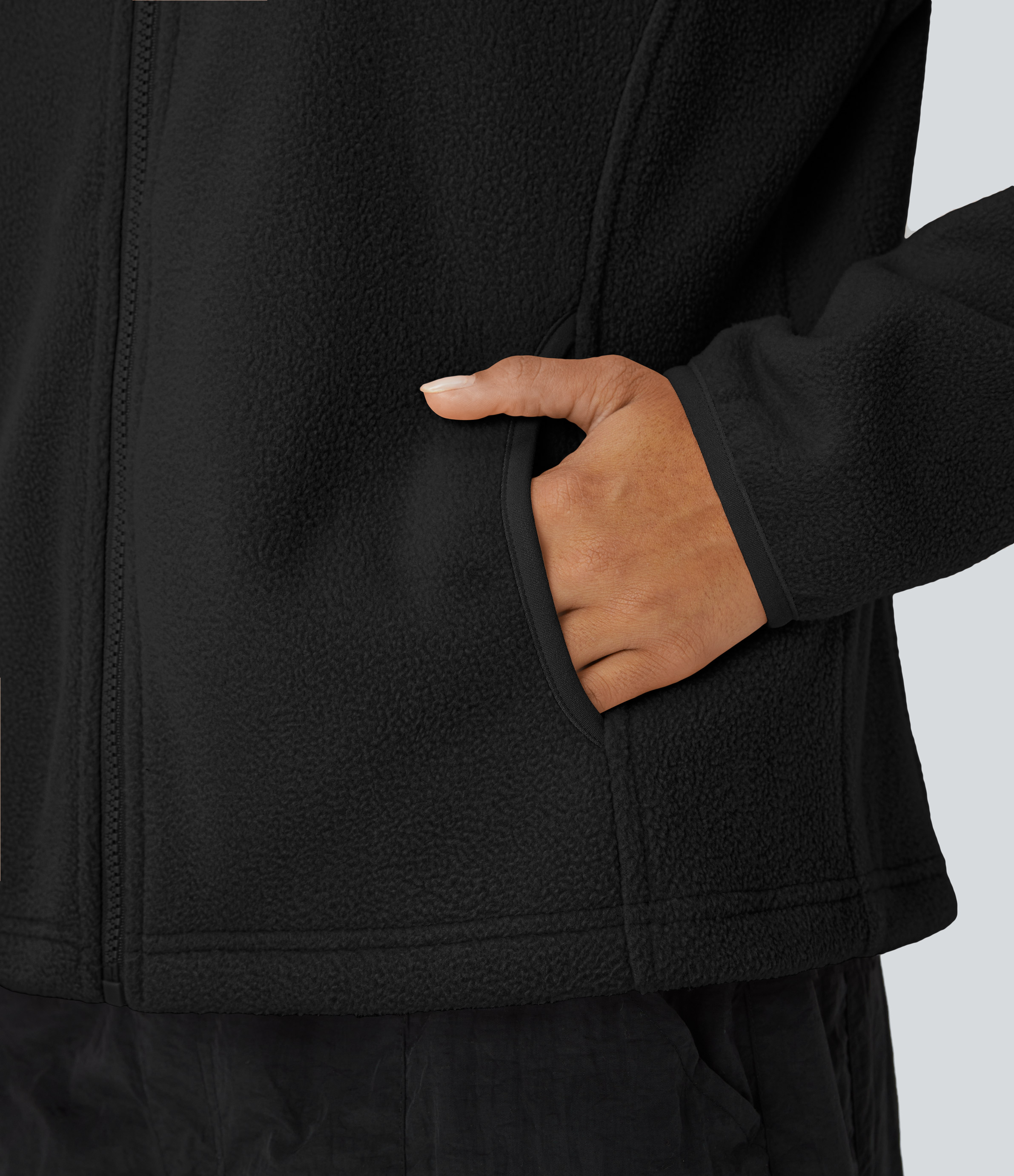 Halara Funnel Neck Long Sleeve Zipper Side Pocket Casual Fleece Jacket  - Black - S 