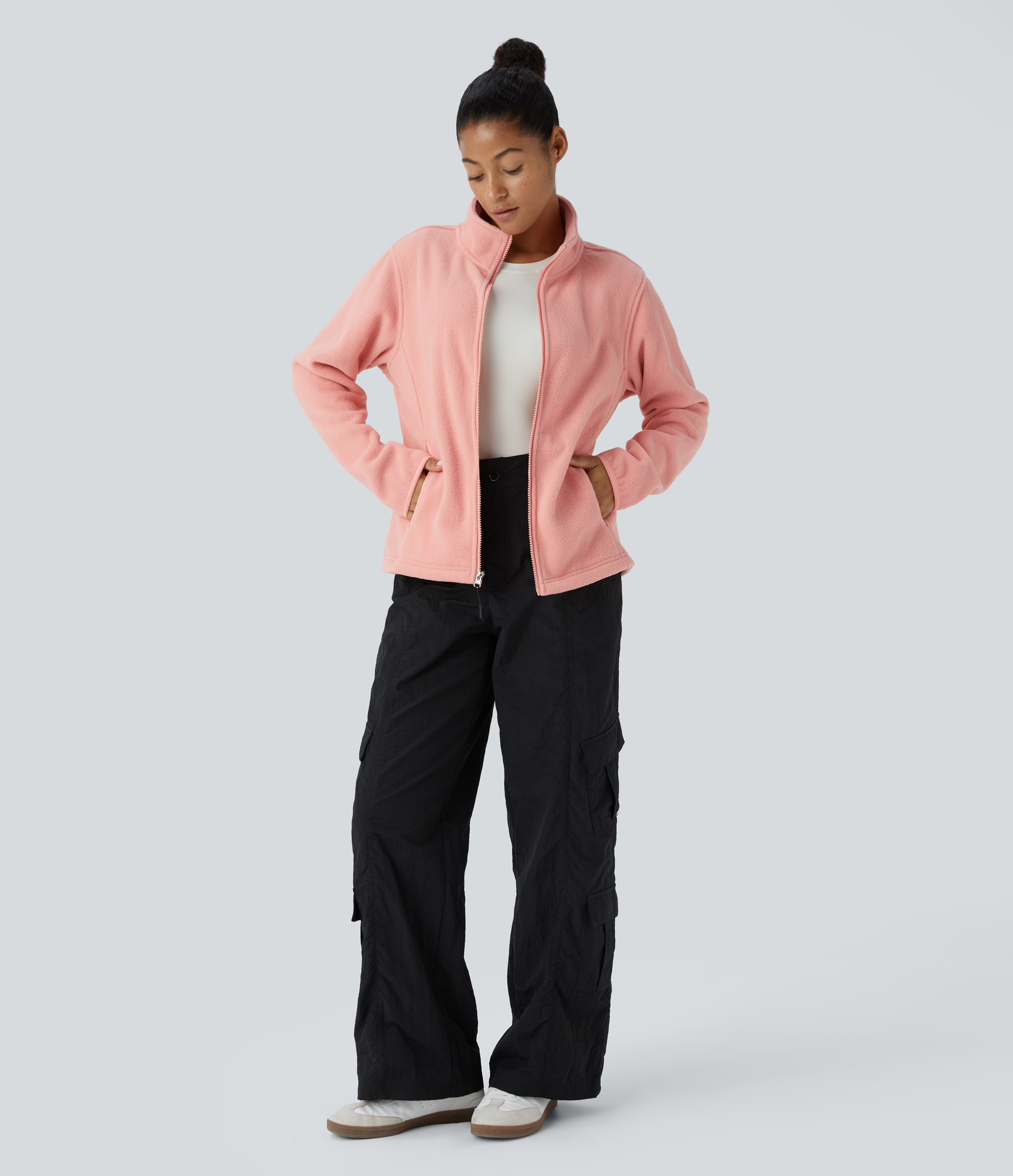 Halara Funnel Neck Long Sleeve Zipper Side Pocket Casual Fleece Jacket  - Coral Cloud - XL 