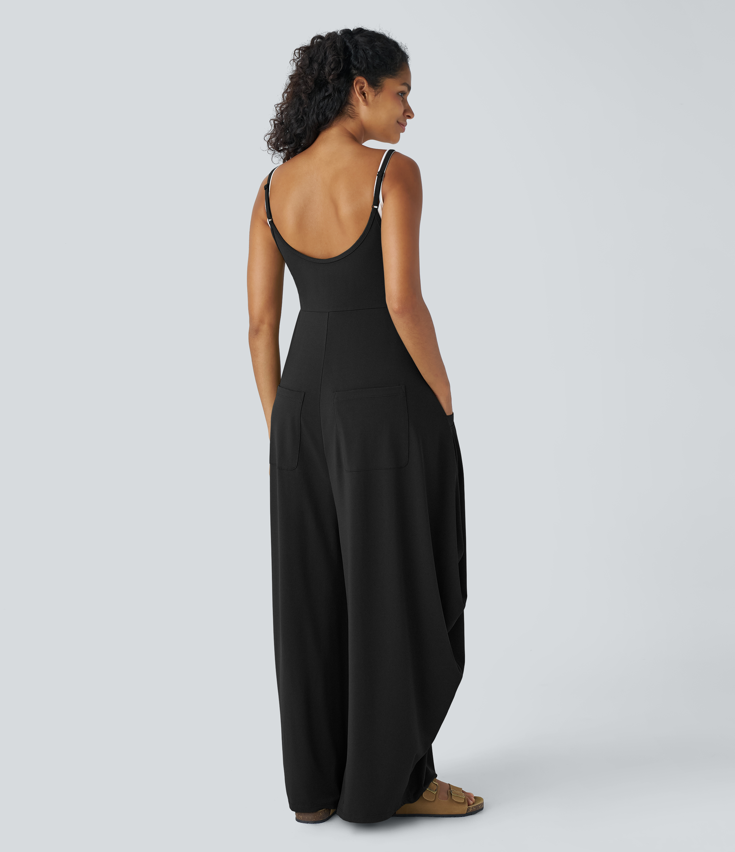 Schwarz Weite Beinlässige Jumpsuit mit Taschen / 2