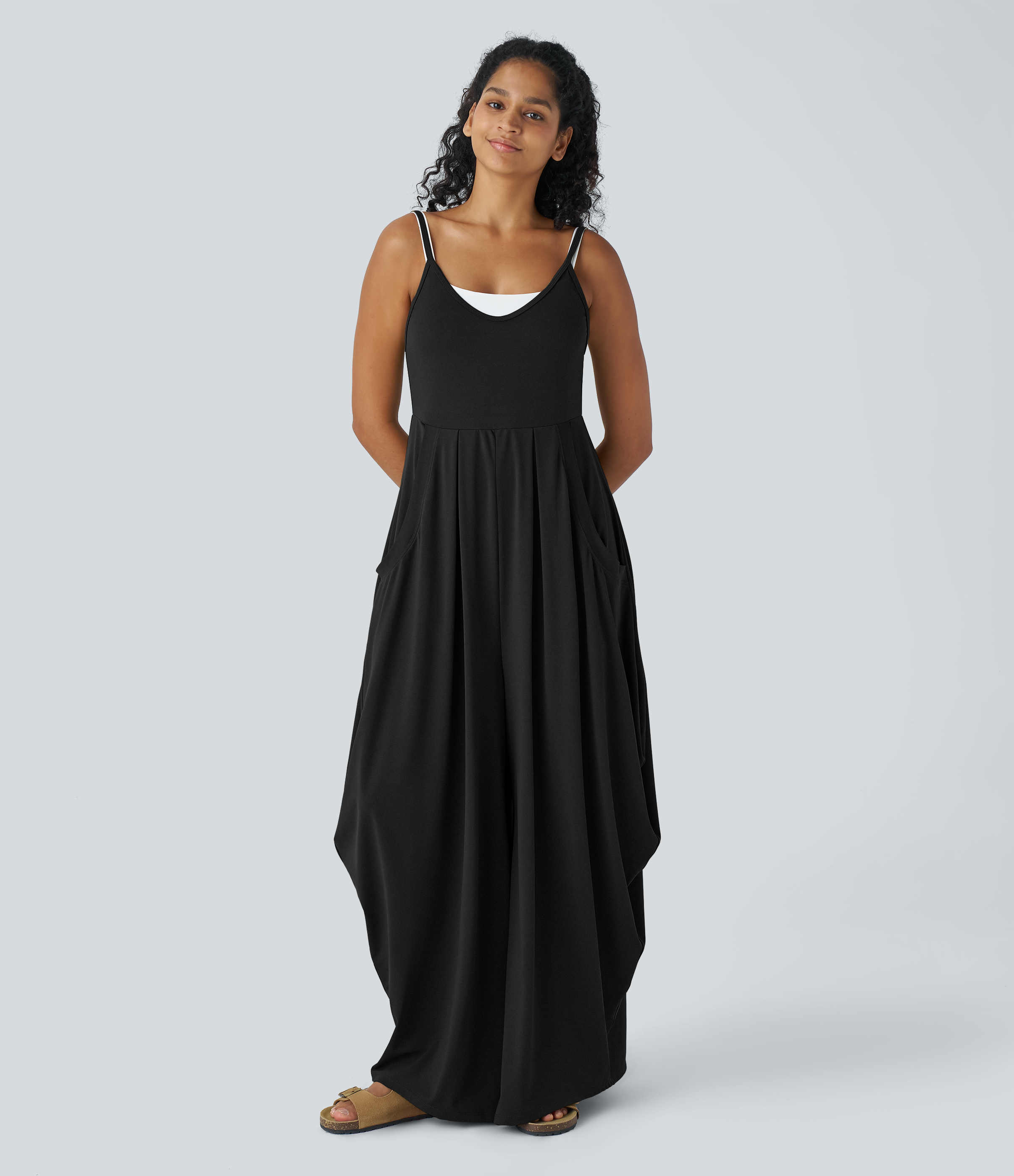 Backless, adjustable straps, multiple pockets, draped wide casual jumpsuit