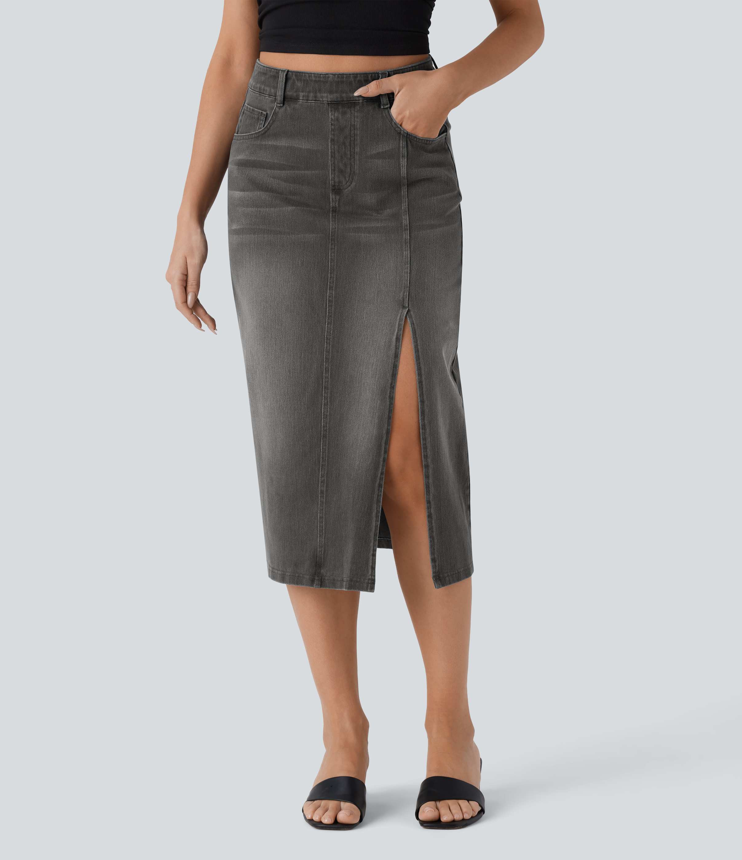 Falda Midi Halara Flex™ Denim elástico lavado tiro alto abertura múltiple bolsillo