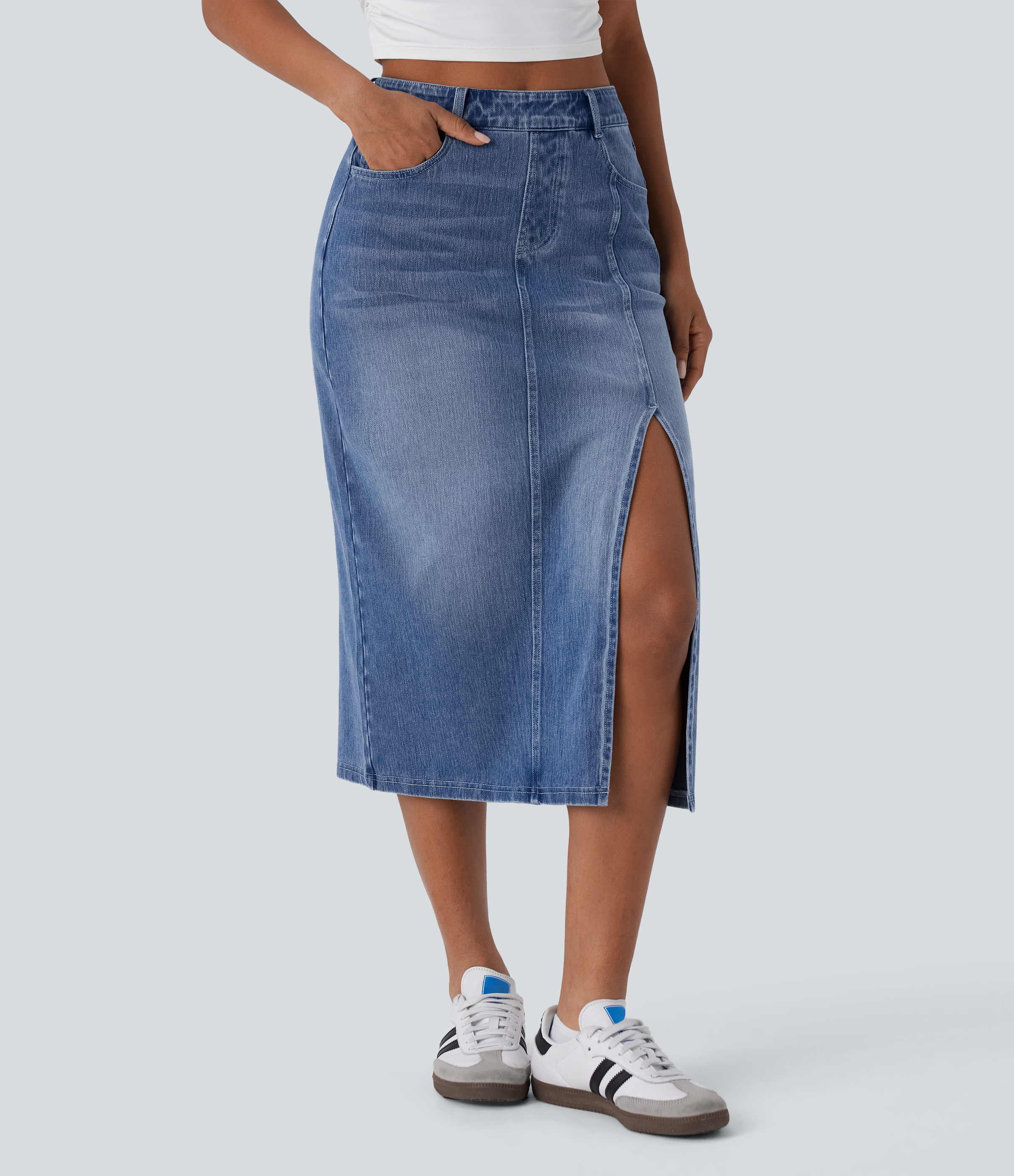 Falda Midi Halara Flex™ Denim elástico lavado tiro alto abertura múltiple bolsillo