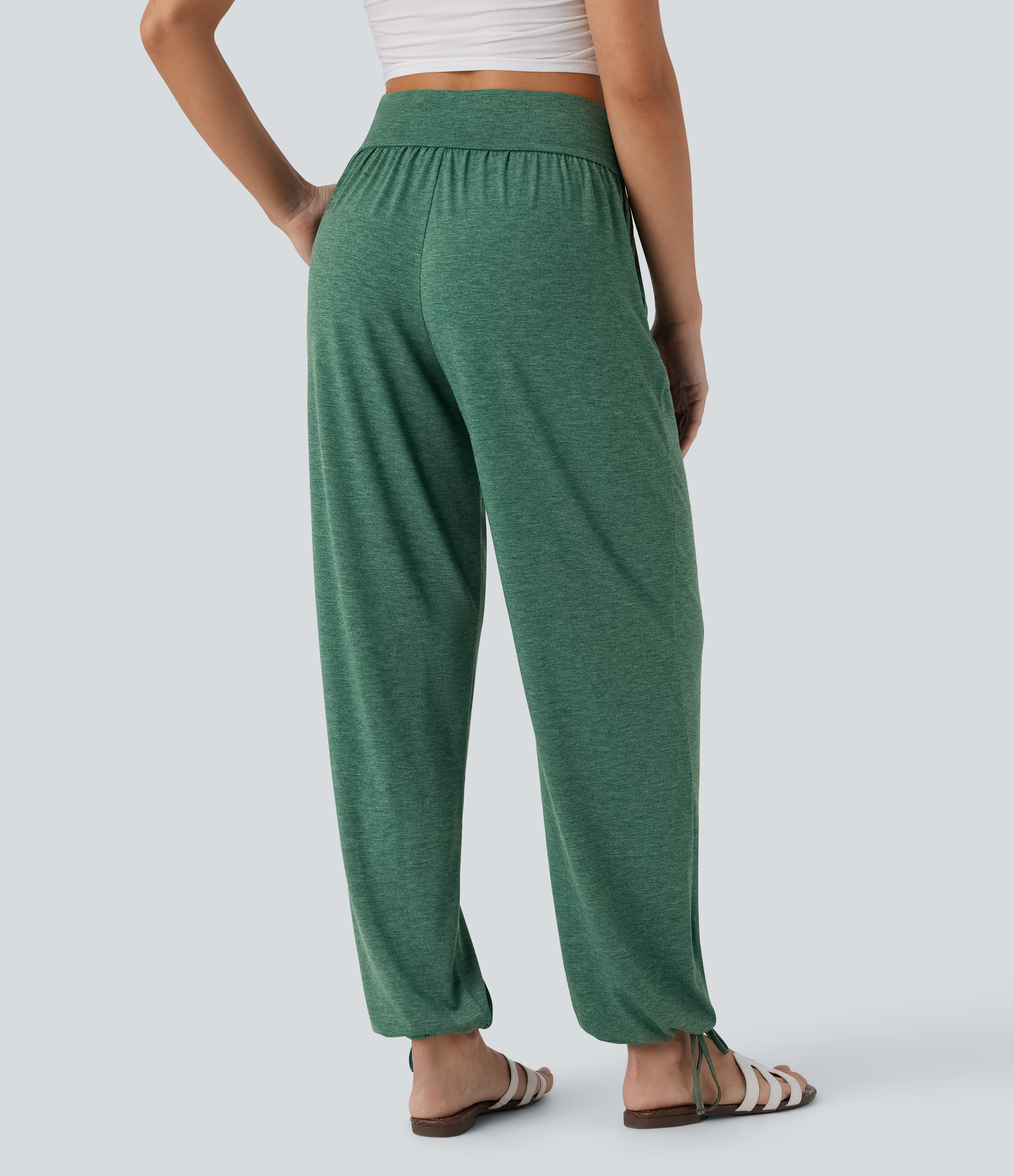Halara Crossover High Waisted Side Pocket Drawstring Casual Joggers  - Emerald Floral Yarn - L(regular) 
