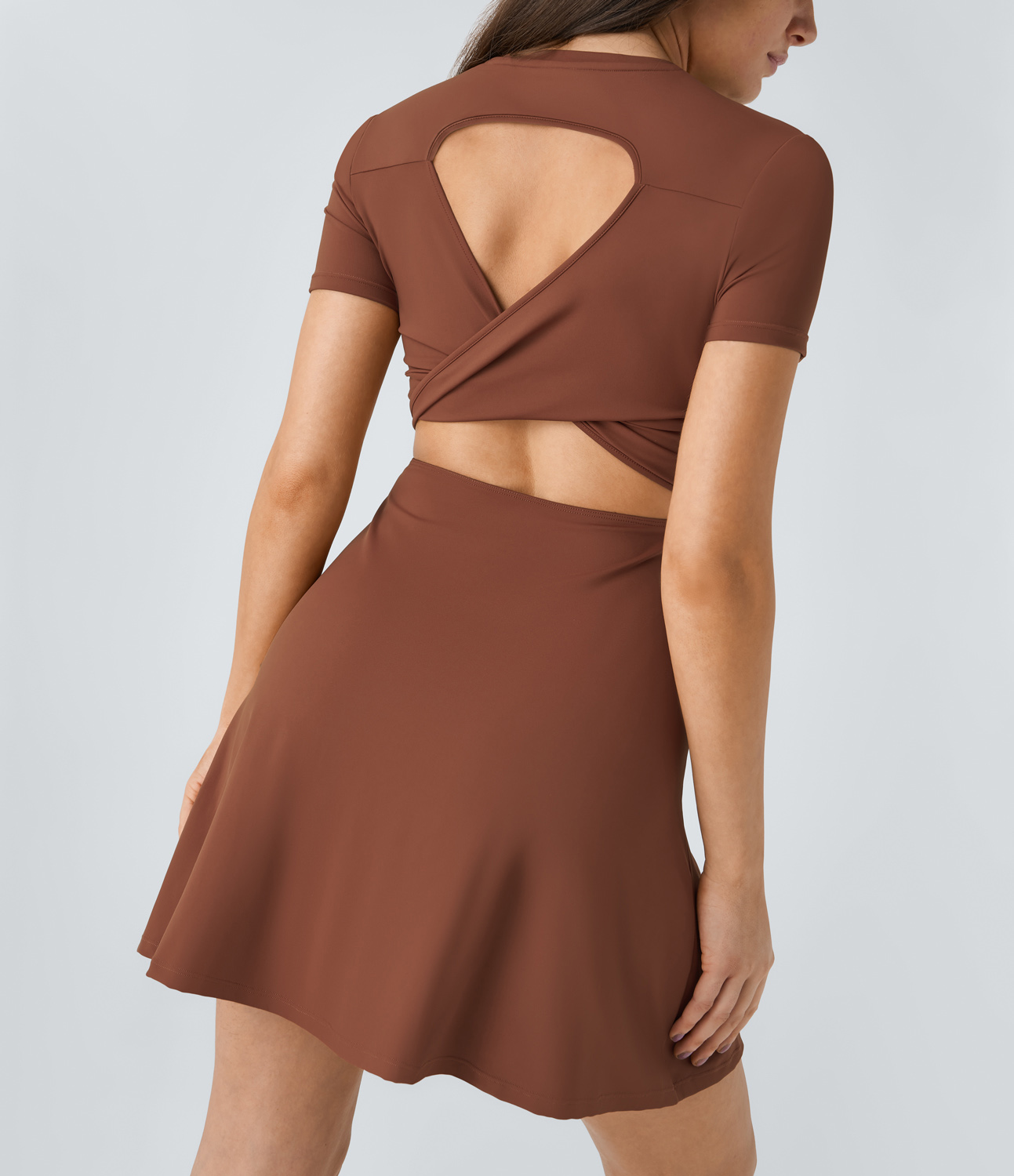 Halara Backless Twisted Cut Out Flare Mini Dance Active Dress Workout Dress - Brandy Brown - XL 