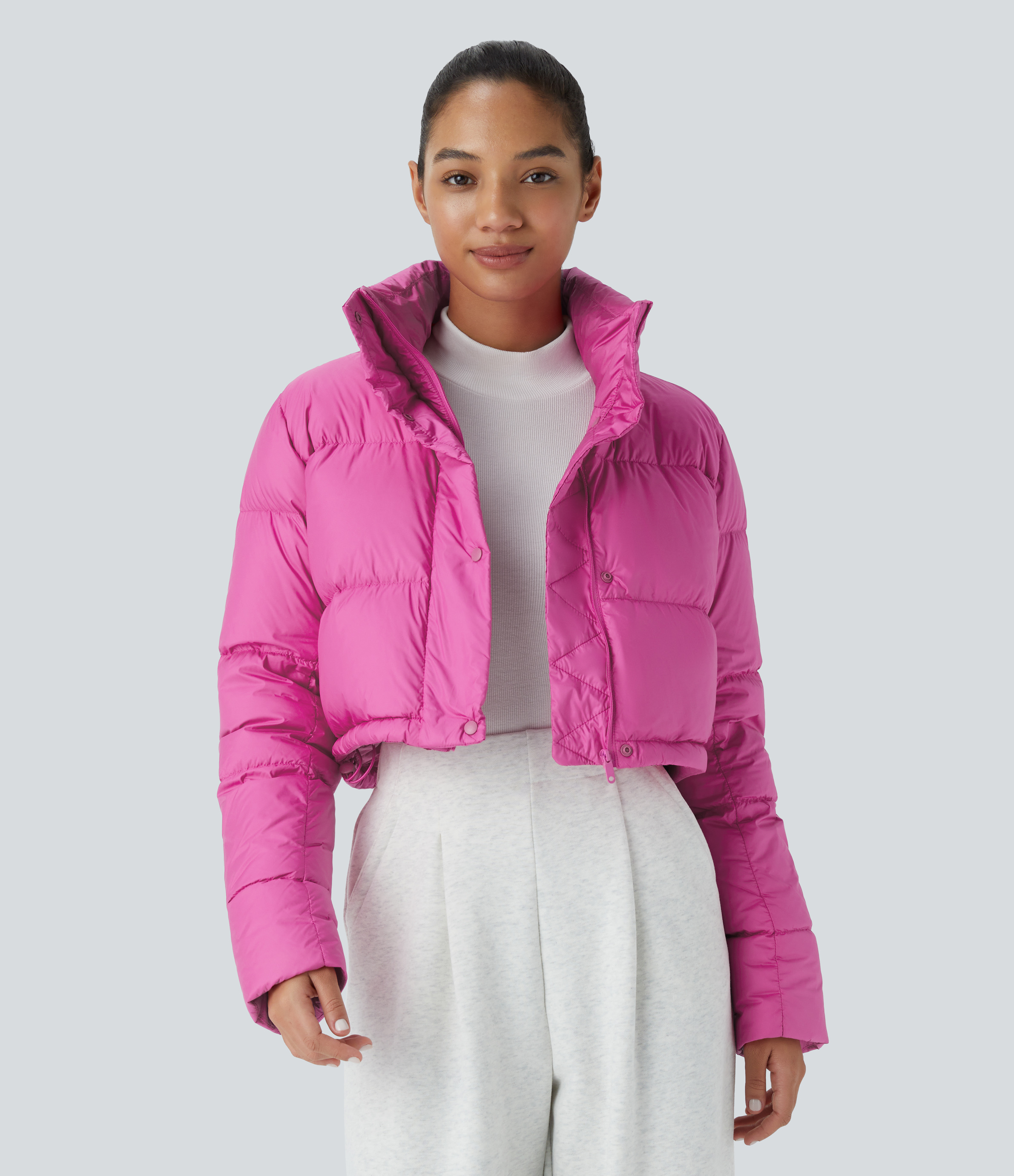 Removable Hood Button Long Sleeve Invisible Pocket Adjustable Drawcord Casual Puffer Down Jacket