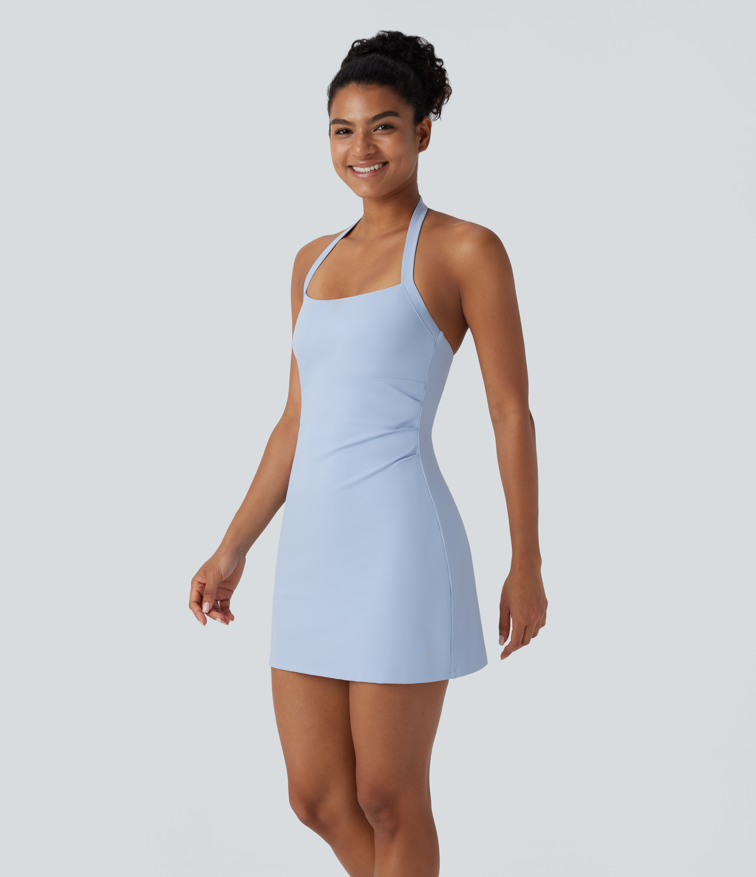 Halara Softlyzeroв„ў Airy Halter Backless 2-in-1 Side Pocket Cool Touch Mini Yoga Active Dress-UPF50+ Workout Dress - Angel Falls - XS 
