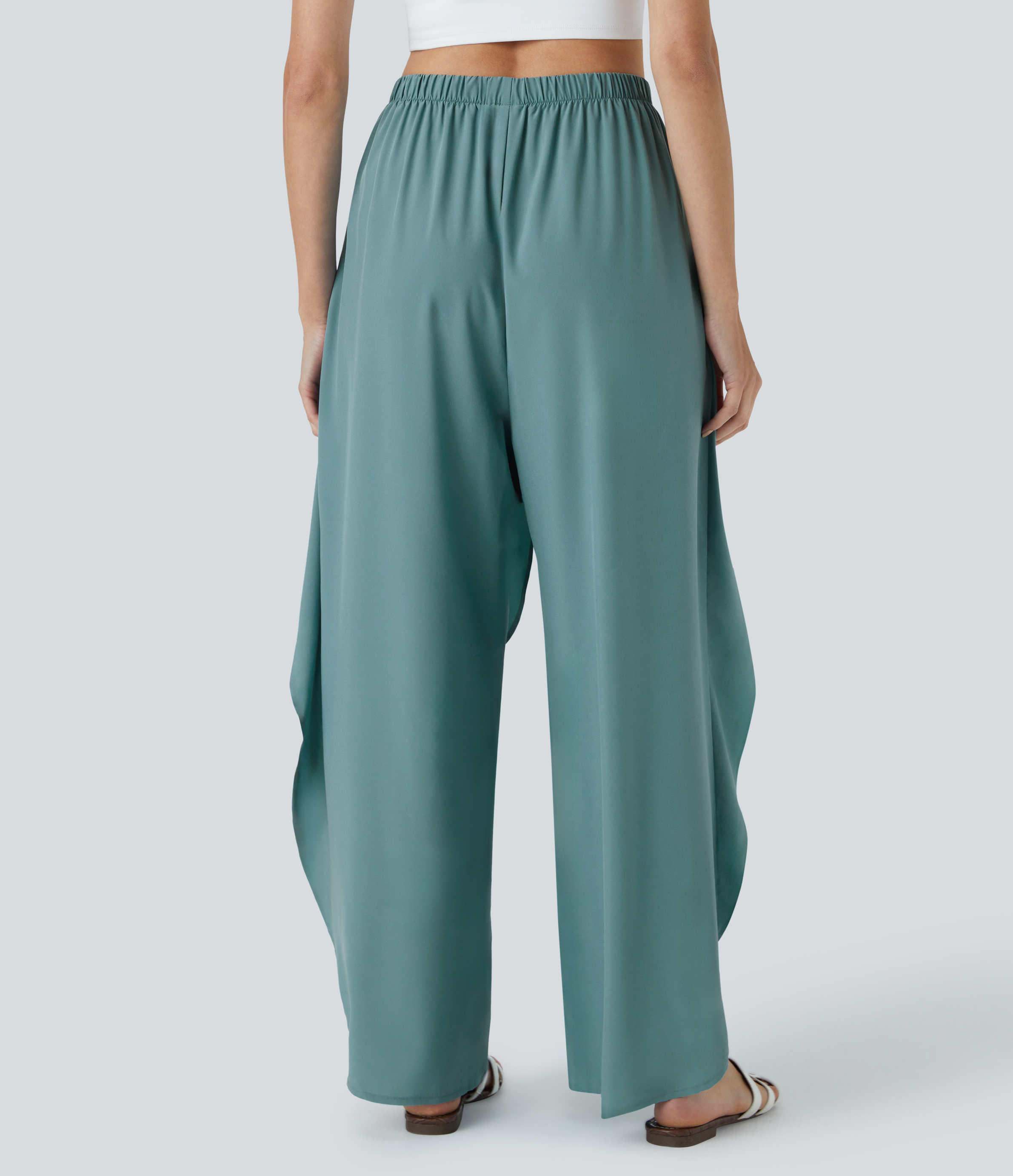 Halara Breezefulв„ў High Waisted Tie Front Palazzo Flowy Split Wide Leg Quick Dry Casual Pants  - Mineral Blue - L(regular) 