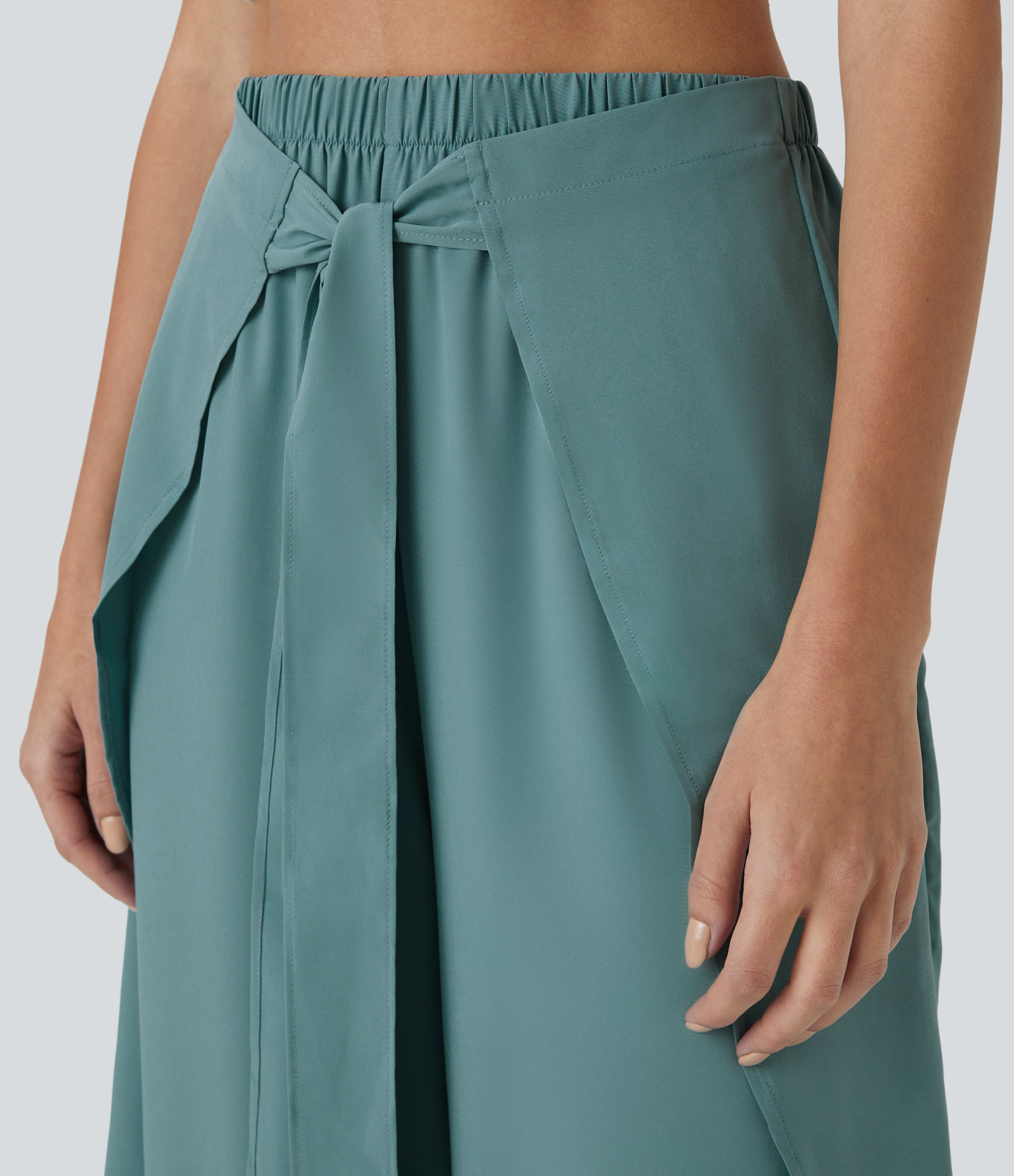 Halara Breezefulв„ў High Waisted Tie Front Palazzo Flowy Split Wide Leg Quick Dry Casual Pants  - Mineral Blue - L(regular) 