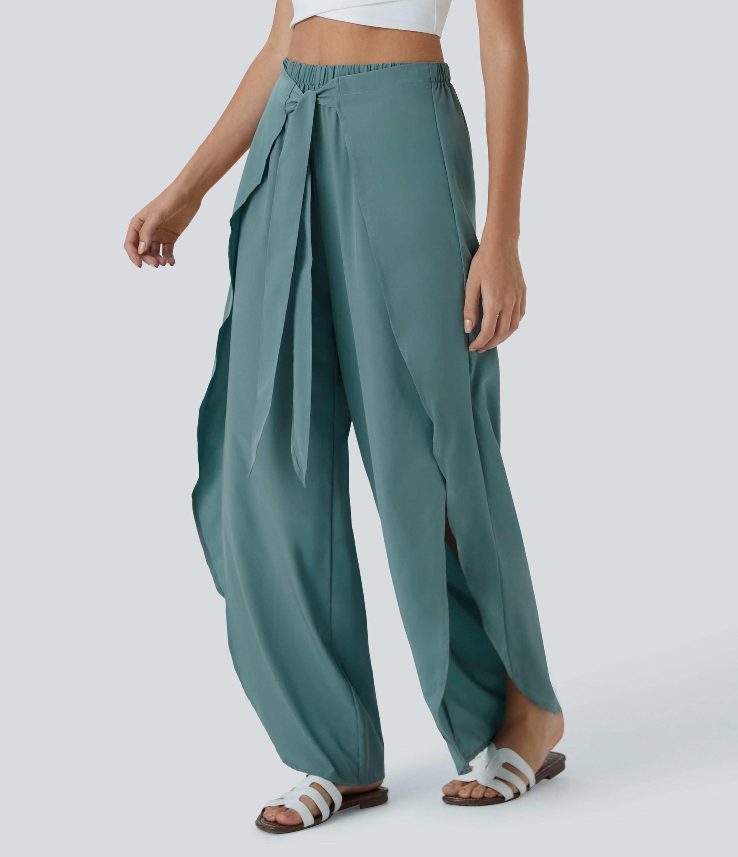 Halara Breezefulв„ў High Waisted Tie Front Palazzo Flowy Split Wide Leg Quick Dry Casual Pants  - Mineral Blue - L(regular) 
