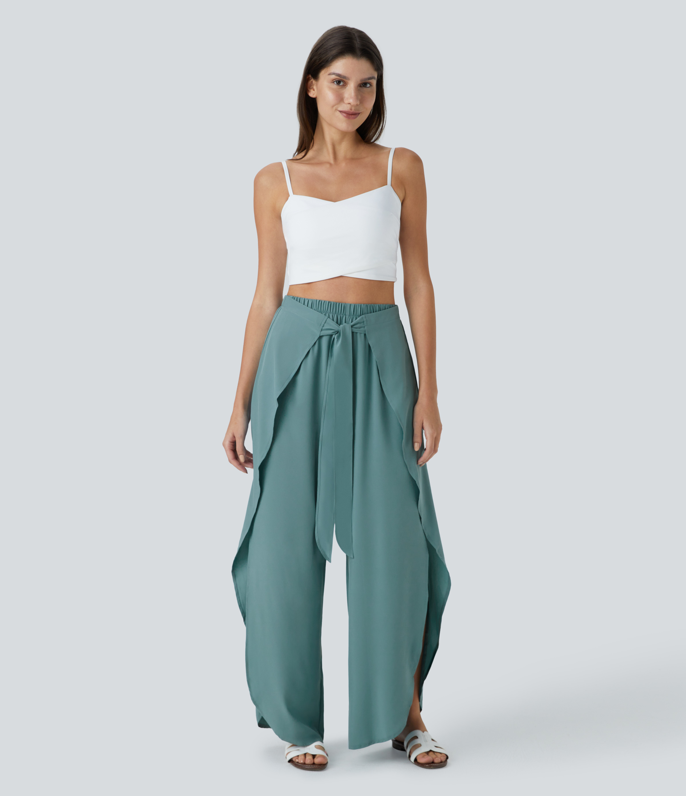 Halara Breezefulв„ў High Waisted Tie Front Palazzo Flowy Split Wide Leg Quick Dry Casual Pants  - Mineral Blue - L(regular) 