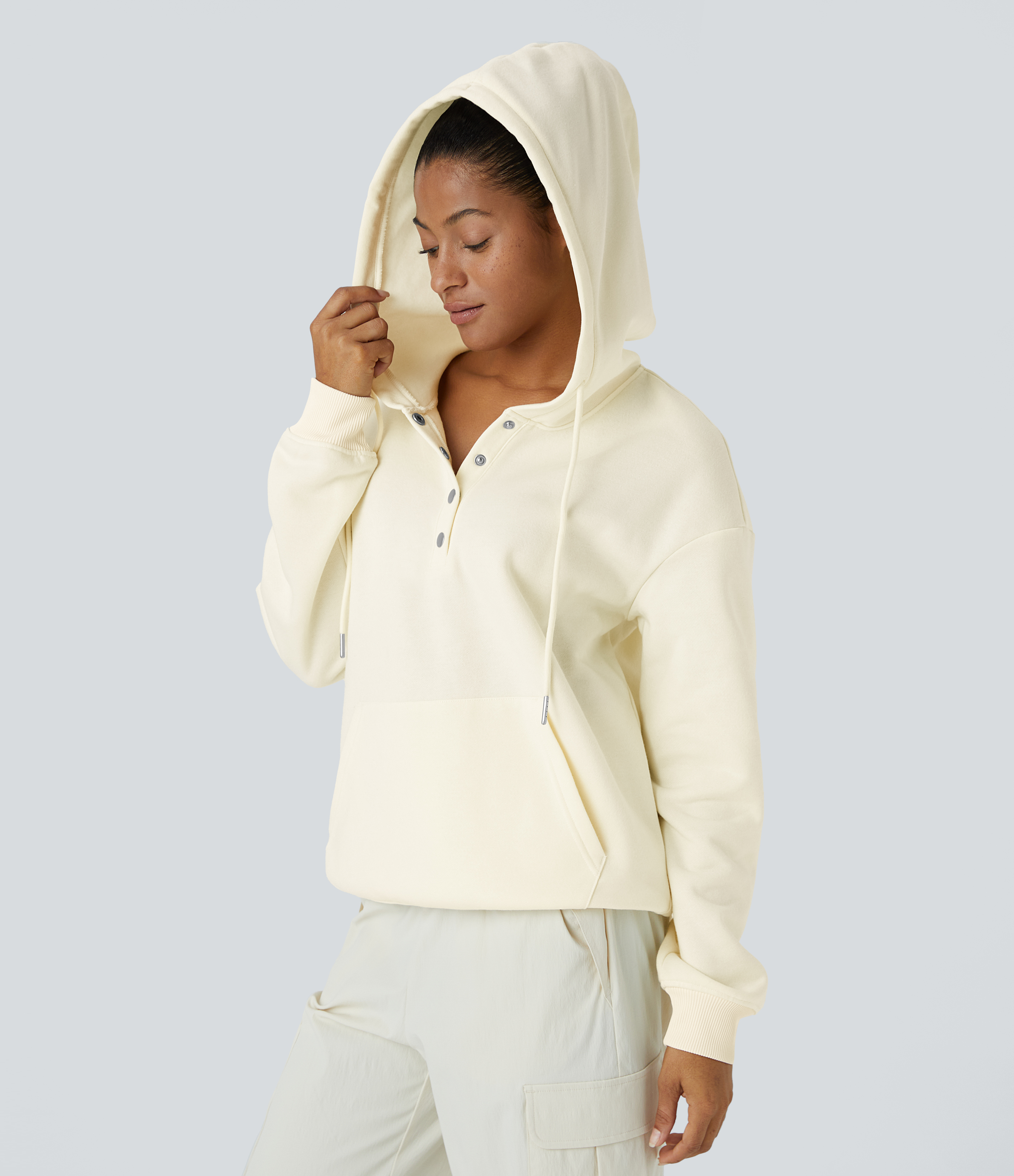 Halara Hooded Drawstring Snap Button Kangaroo Pocket Relaxed Fleece Casual Sweatshirt  - Vanilla Ice - XL 