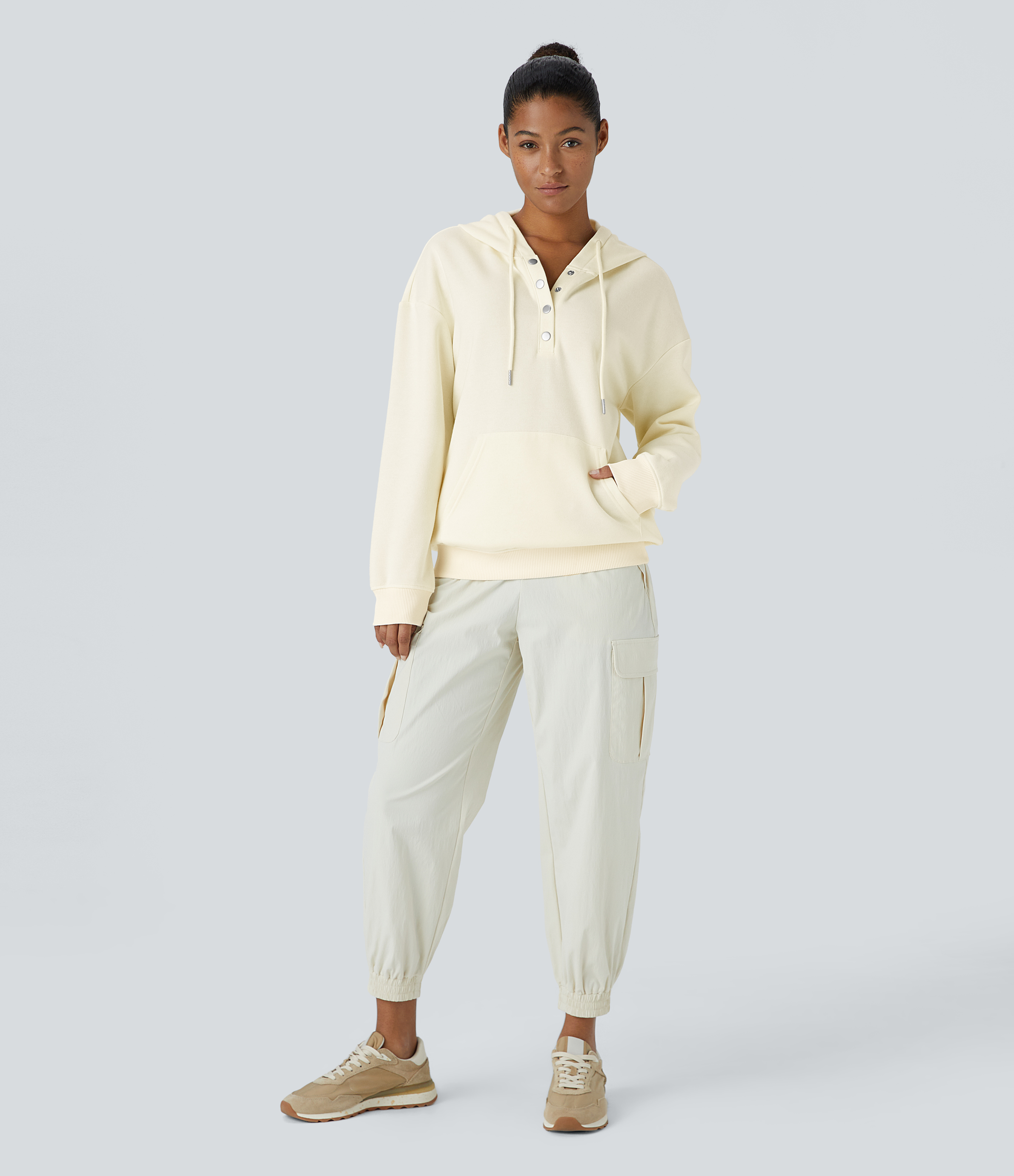 Halara Hooded Drawstring Snap Button Kangaroo Pocket Relaxed Fleece Casual Sweatshirt  - Vanilla Ice - XL 