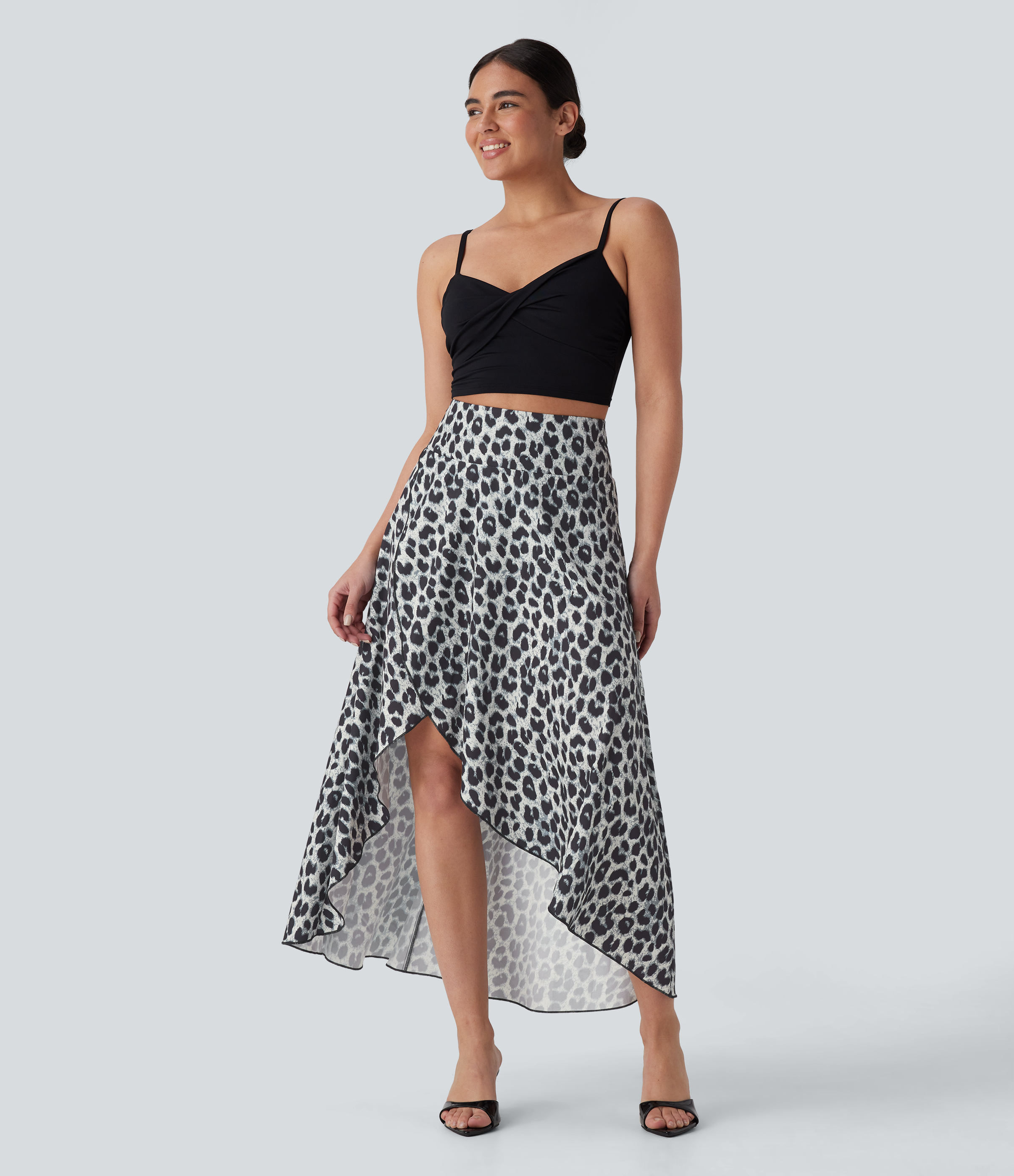 Halara High Waisted Invisible Zipper High Low Ruffle Leopard Print Midi Flowy 2 Piece Resort Skirt  - Silver Leopard Print - XL(regular) 