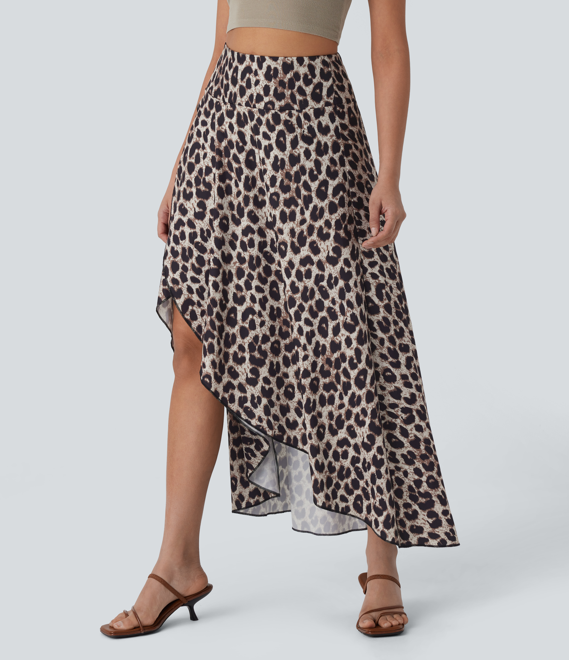 Halara High Waisted Invisible Zipper High Low Ruffle Leopard Print Midi Flowy 2 Piece Resort Skirt  - Gold Leopard Print - XL(regular) 