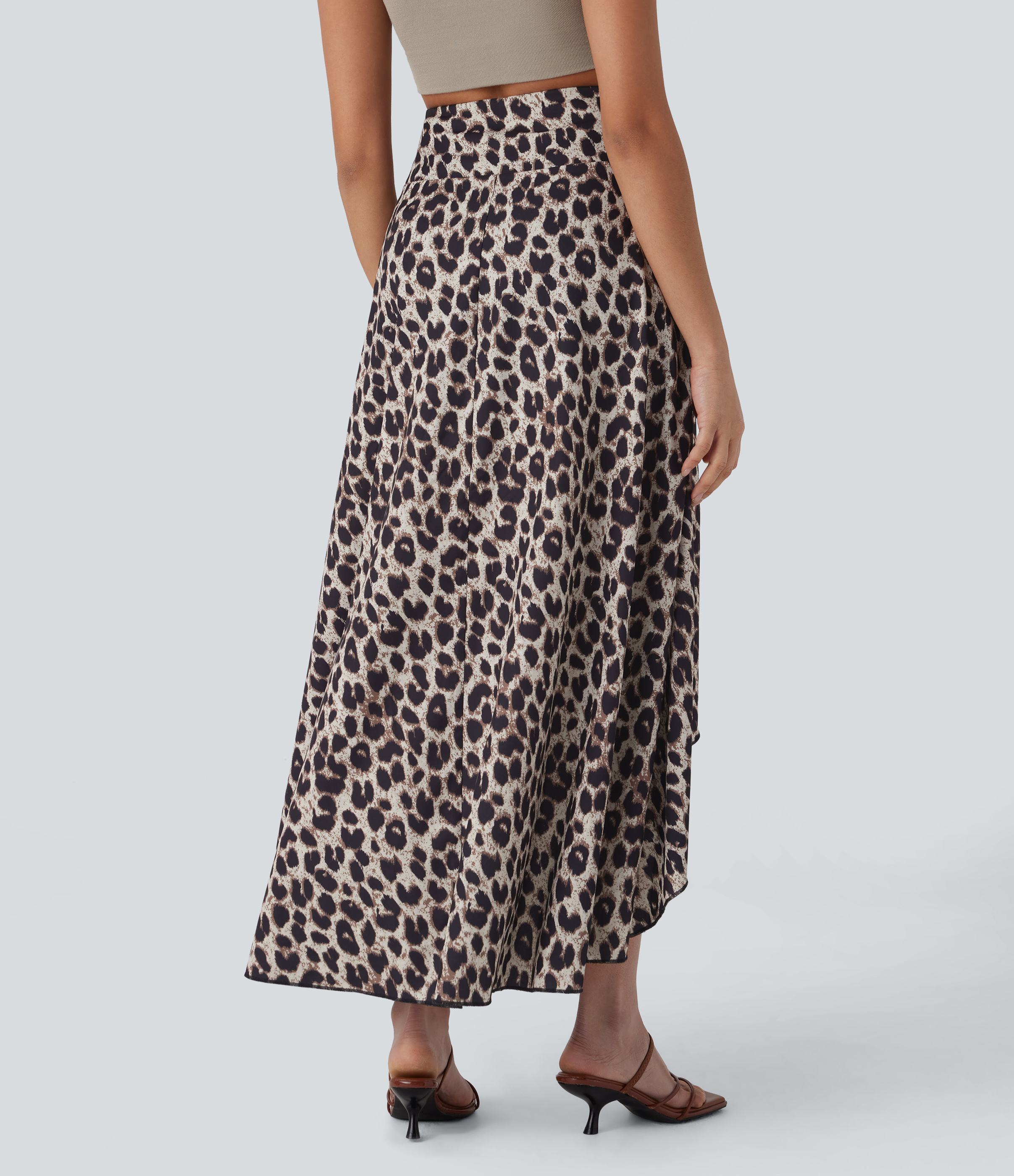 Halara High Waisted Invisible Zipper High Low Ruffle Leopard Print Midi Flowy 2 Piece Resort Skirt  - Gold Leopard Print - XL(regular) 