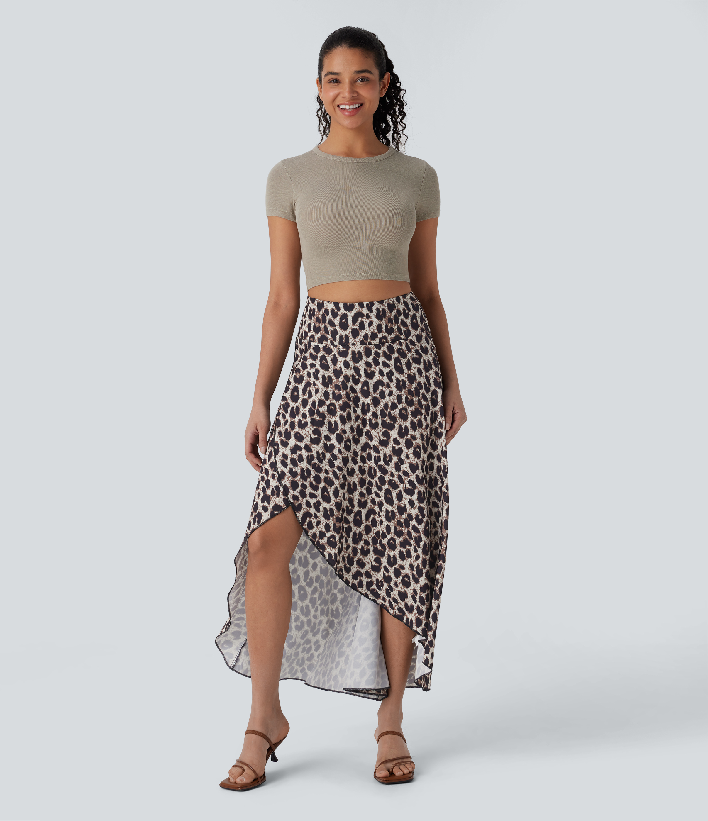 Halara High Waisted Invisible Zipper High Low Ruffle Leopard Print Midi Flowy 2 Piece Resort Skirt  - Gold Leopard Print - XL(regular) 