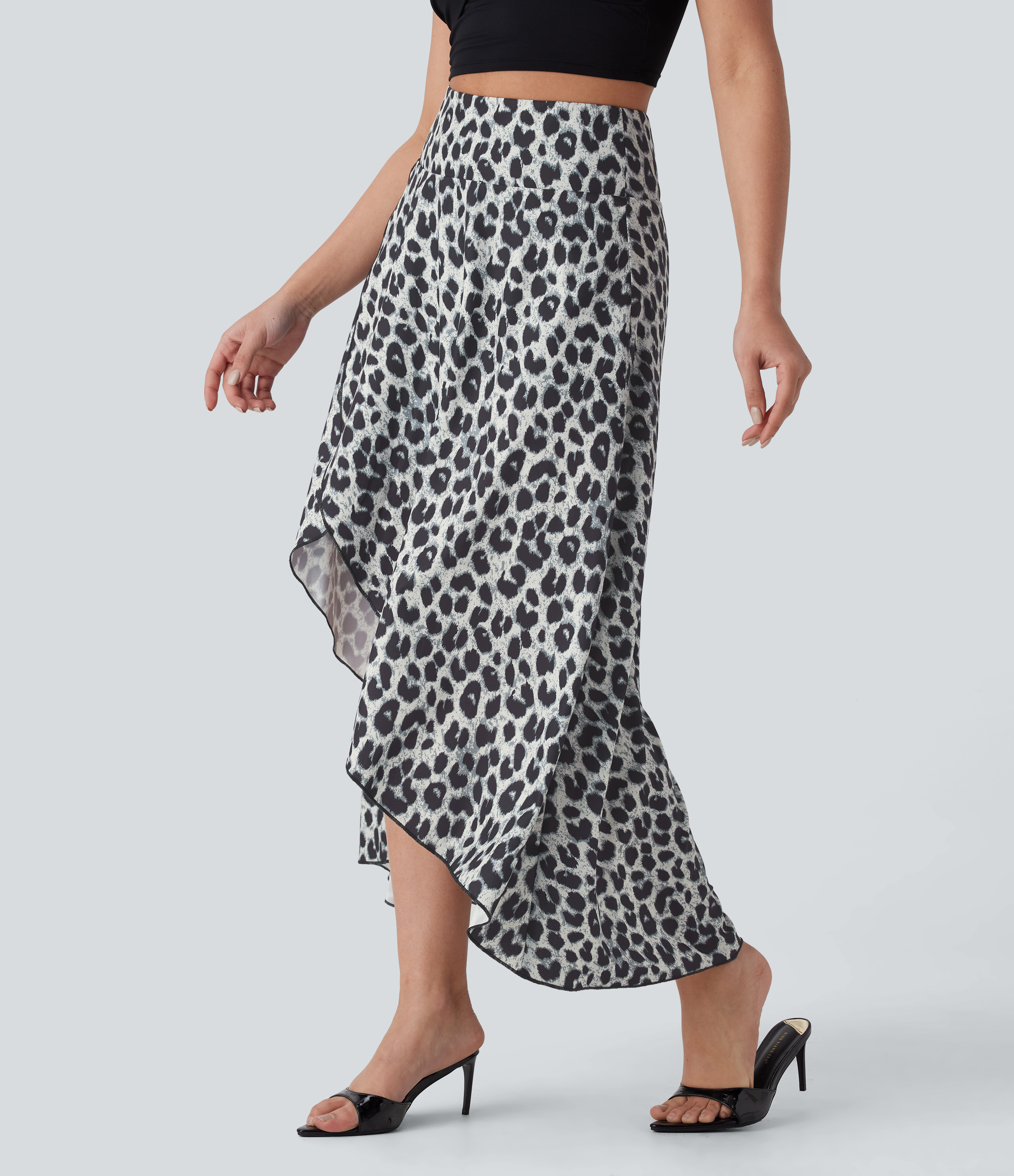 Halara High Waisted Invisible Zipper High Low Ruffle Leopard Print Midi Flowy 2 Piece Resort Skirt  - Silver Leopard Print - XL(regular) 