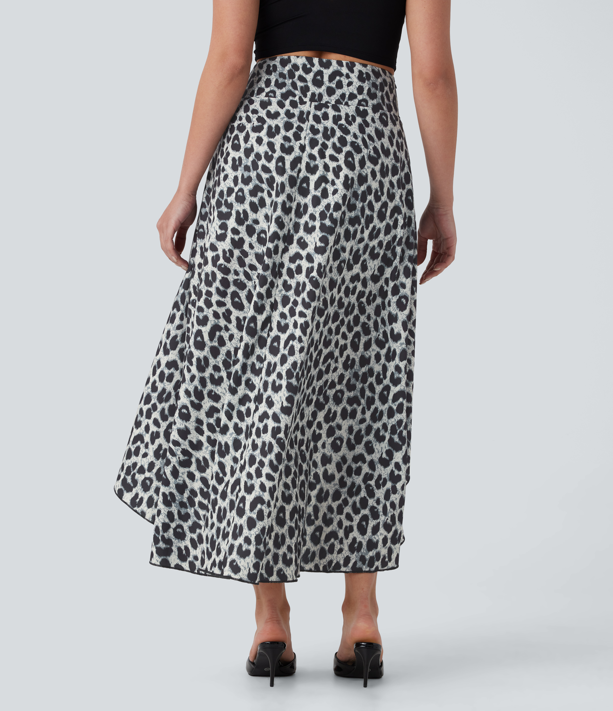 Halara High Waisted Invisible Zipper High Low Ruffle Leopard Print Midi Flowy 2 Piece Resort Skirt  - Silver Leopard Print - XL(regular) 