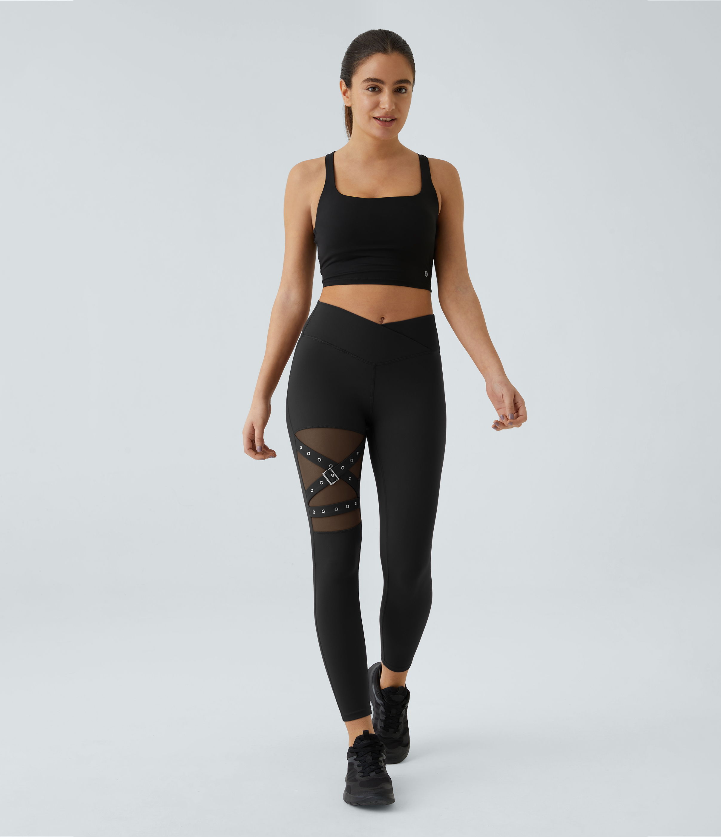 Halara High Waisted Crossover Contrast Mesh Decorative Buckle Yoga Leggings  - Black - XL(full_length) gym leggings leggings with pockets 