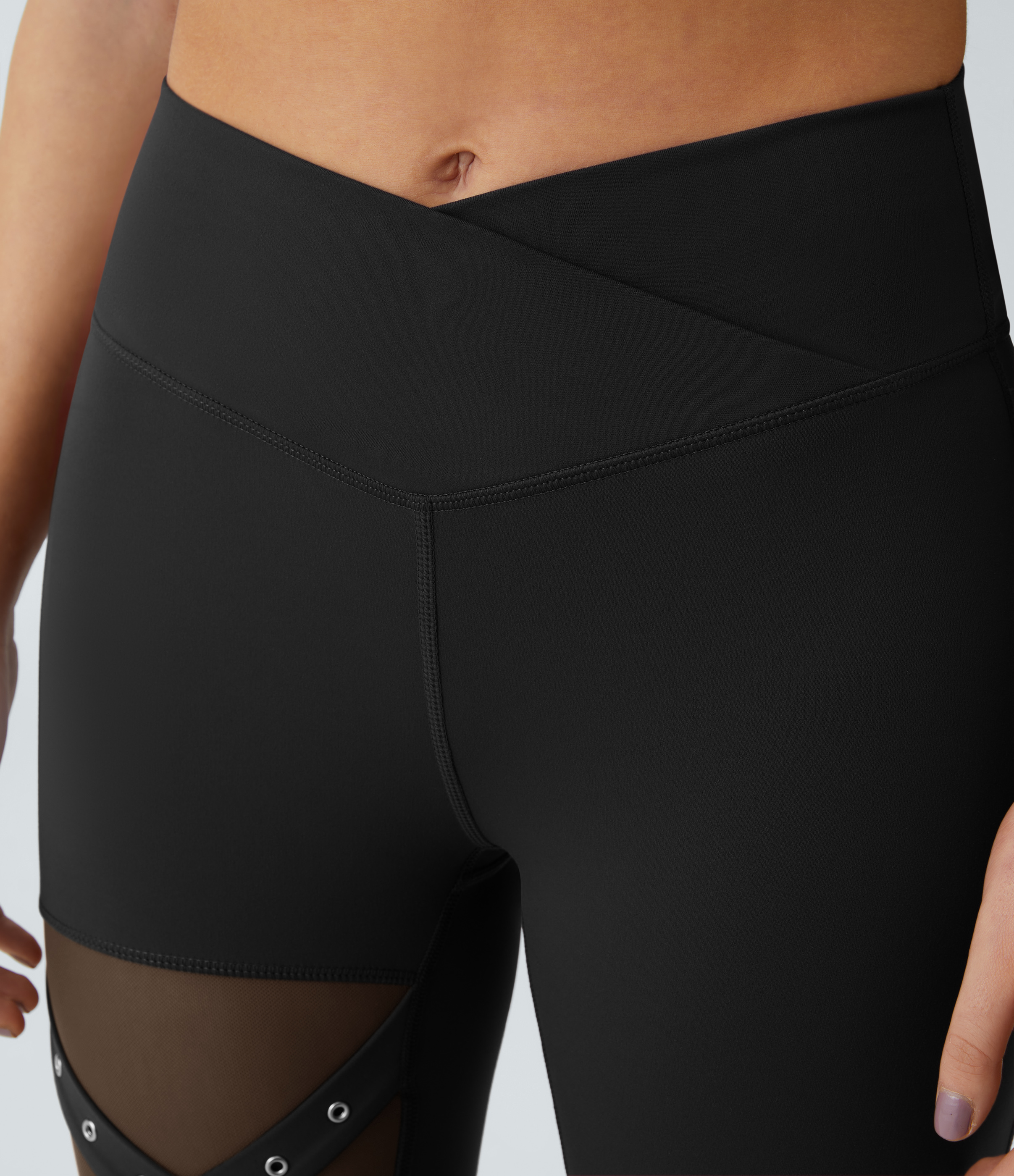 Halara High Waisted Crossover Contrast Mesh Decorative Buckle Yoga Leggings  - Black - XL(full_length) gym leggings leggings with pockets 