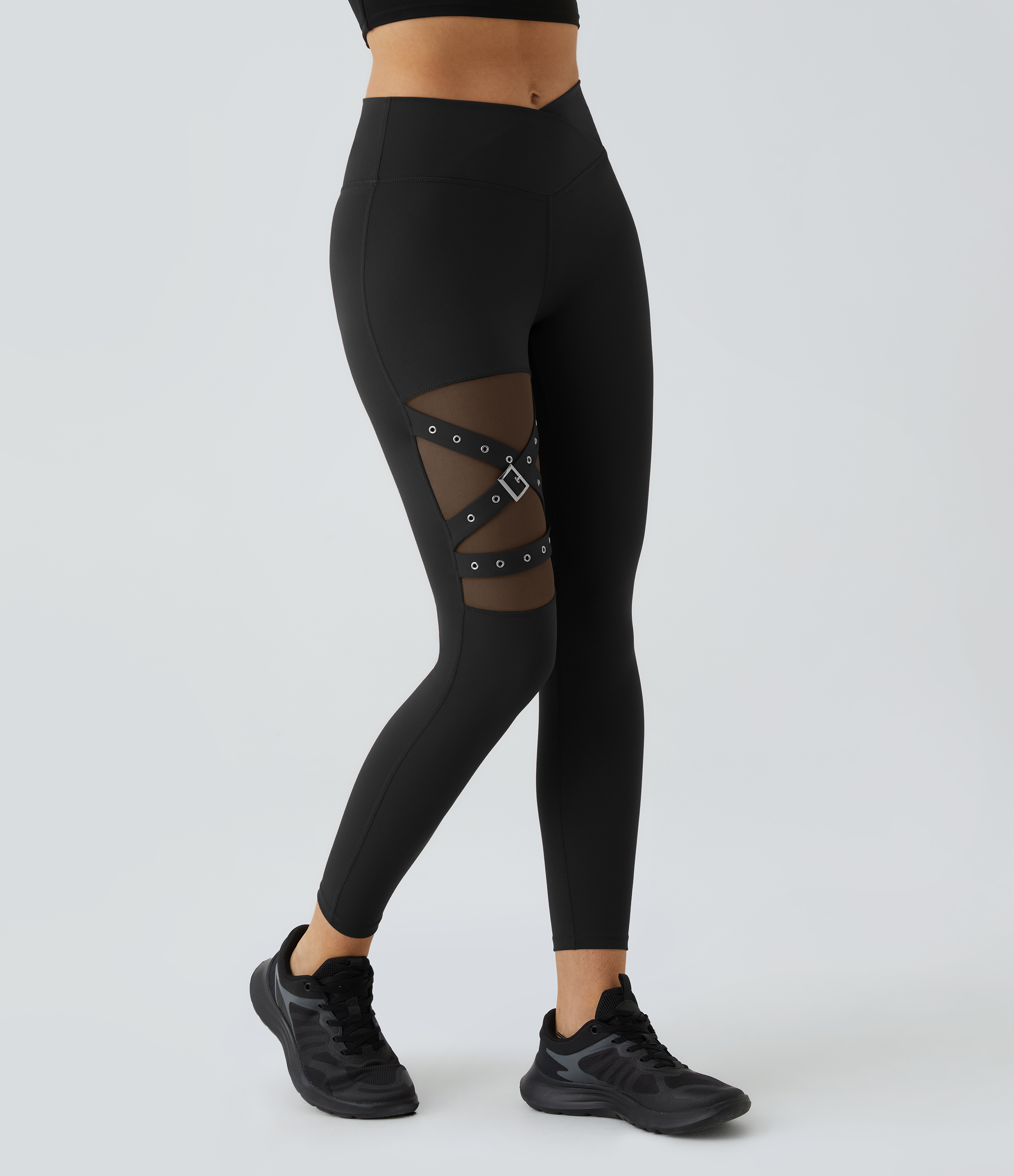 Halara High Waisted Crossover Contrast Mesh Decorative Buckle Yoga Leggings  - Black - XL(full_length) gym leggings leggings with pockets 