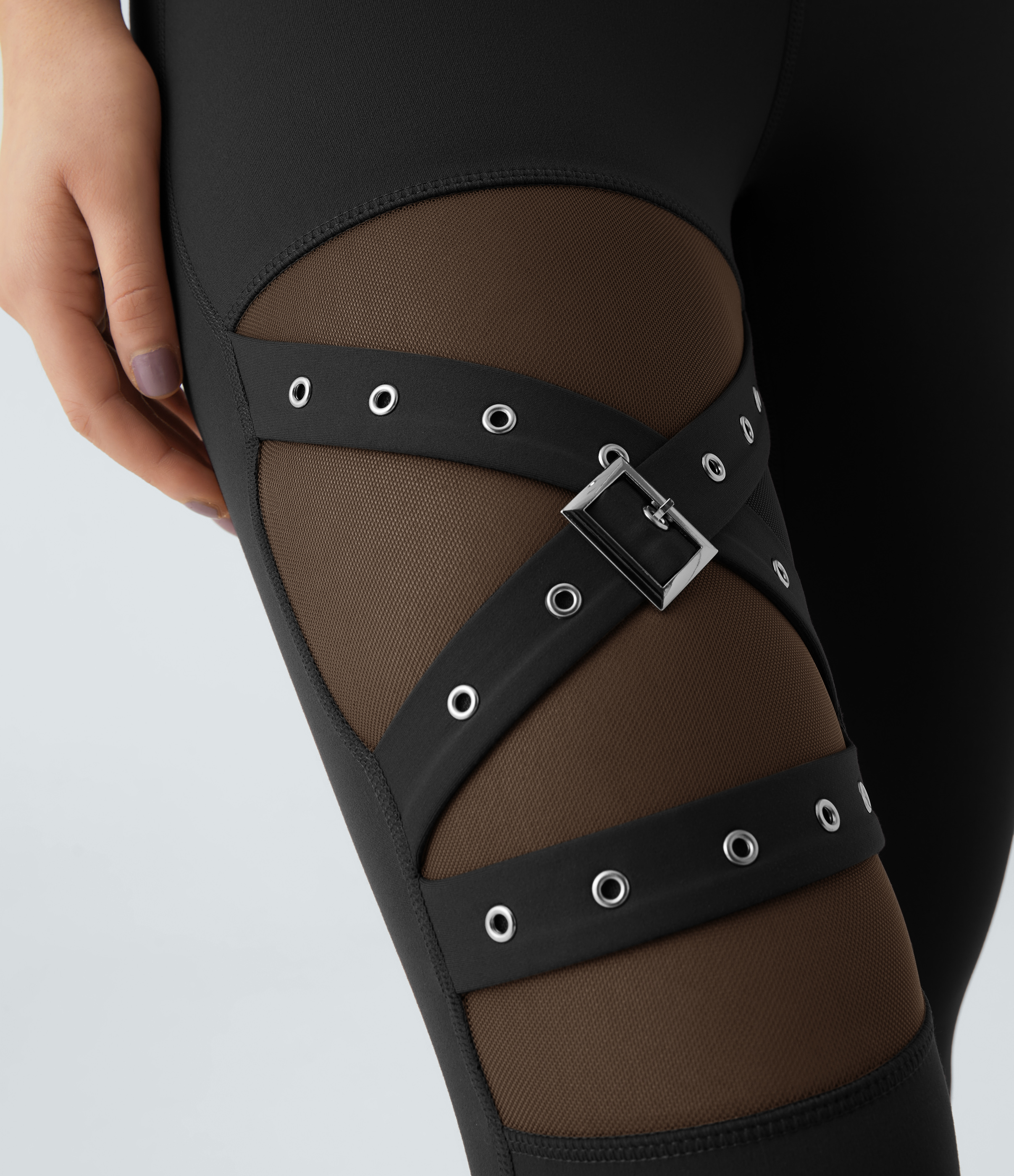 Halara High Waisted Crossover Contrast Mesh Decorative Buckle Yoga Leggings  - Black - XL(full_length) gym leggings leggings with pockets 
