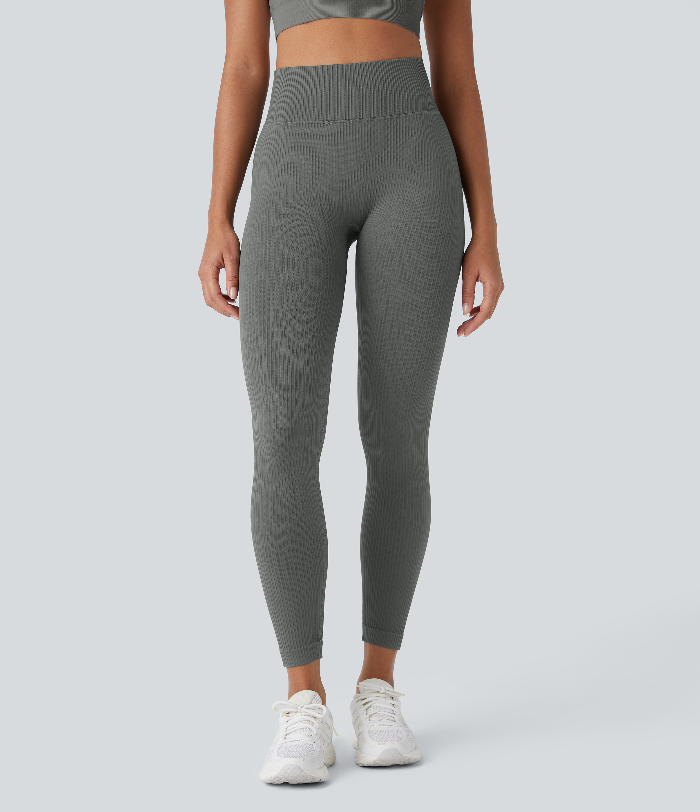 Halara Skin Friendly Soft Seamless Flow Ribbed High Waisted Tummy Control Yoga 7/8 Leggings  - Hidden Blue Gray - XL(7/8) gym leggings 