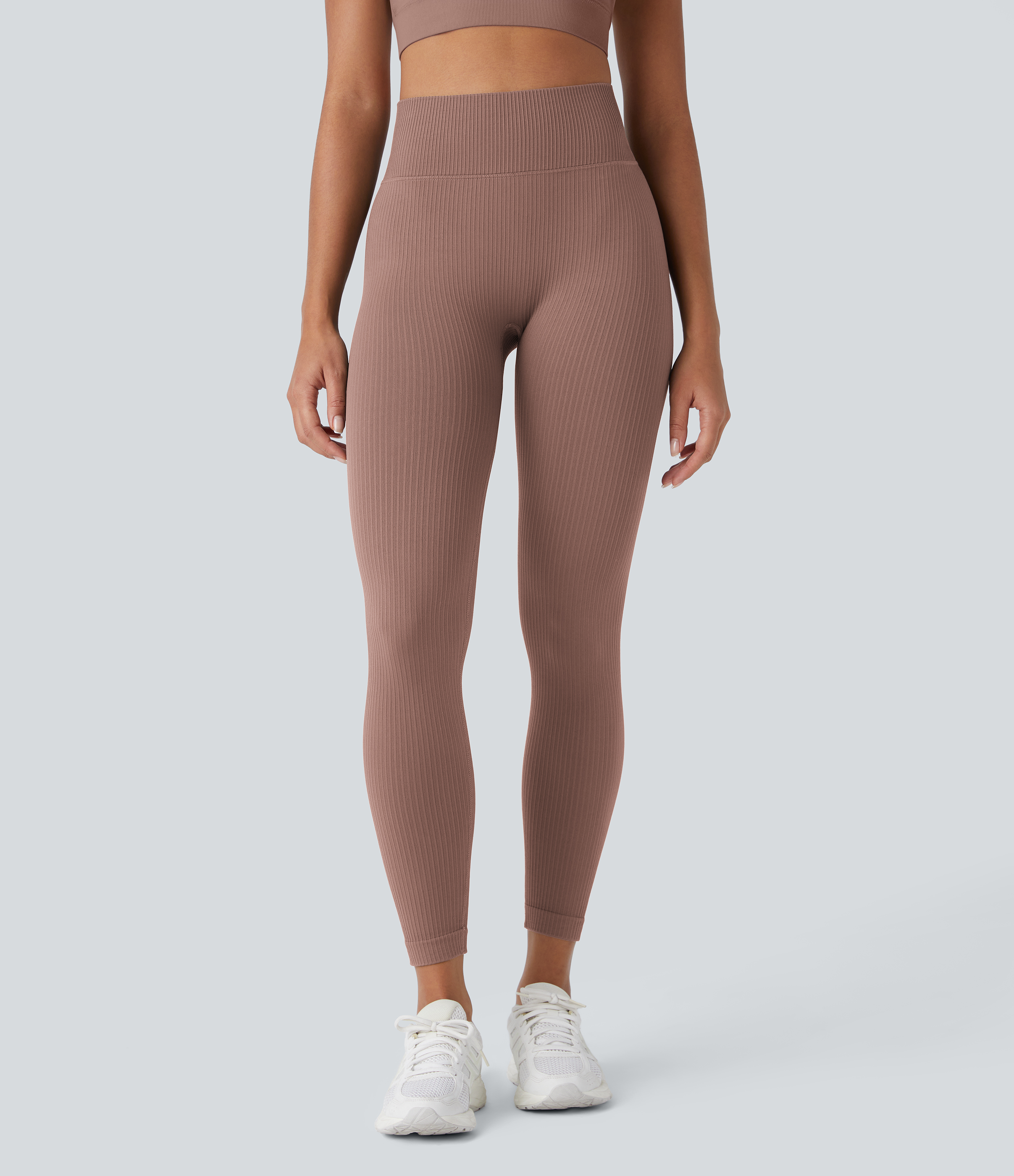 Halara Skin Friendly Soft Seamless Flow Ribbed High Waisted Tummy Control Yoga 7/8 Leggings  - Mocha Brown - L(7/8) gym leggings 