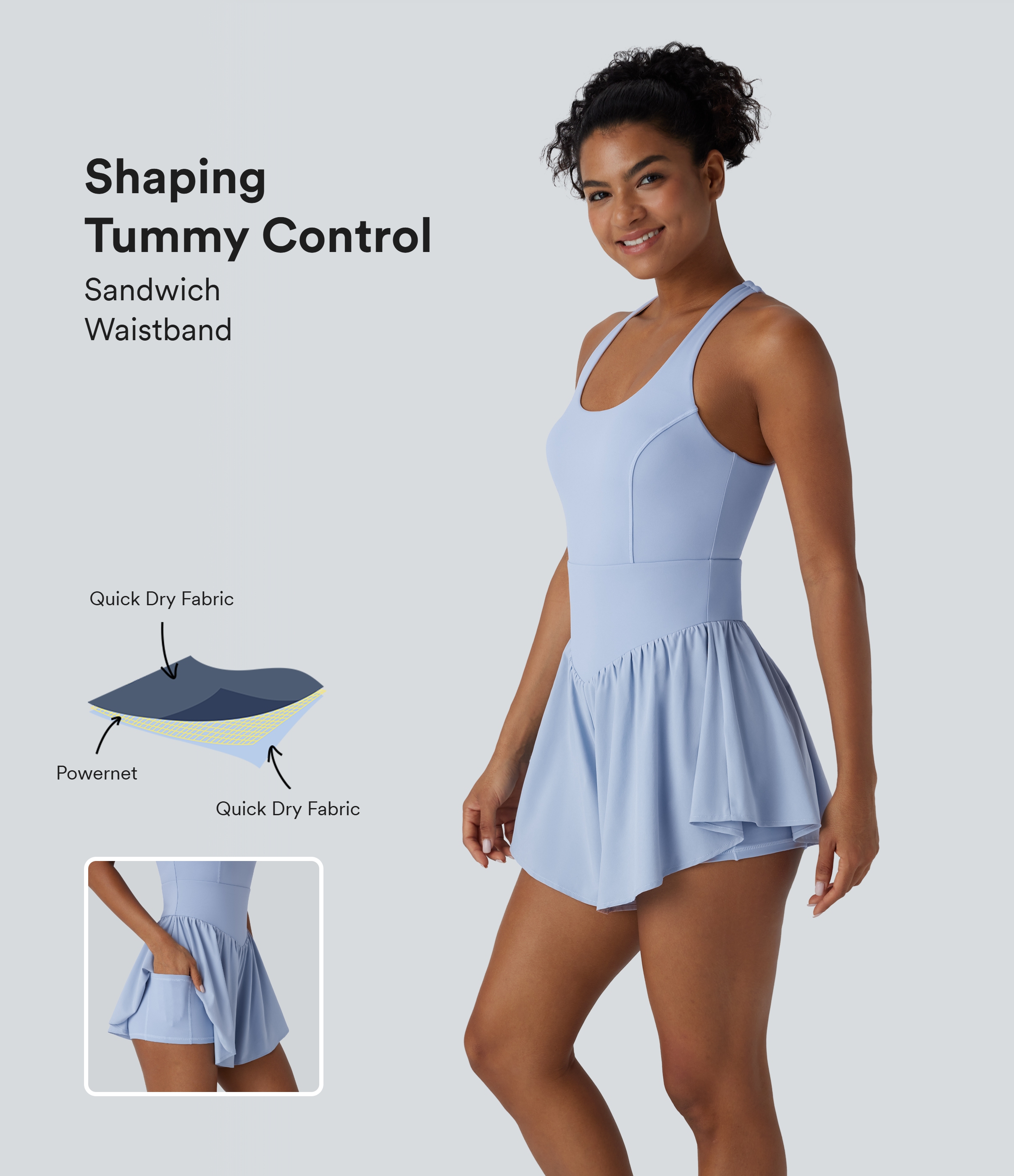 Halara – Breezeful™ SoCinched – Rückenfreier, fließender 2-in-1 Tennis-Jumpsuit mit Seitentasche und Bauchkontrolle – schnelltrocknend – Ballad Blue – XL