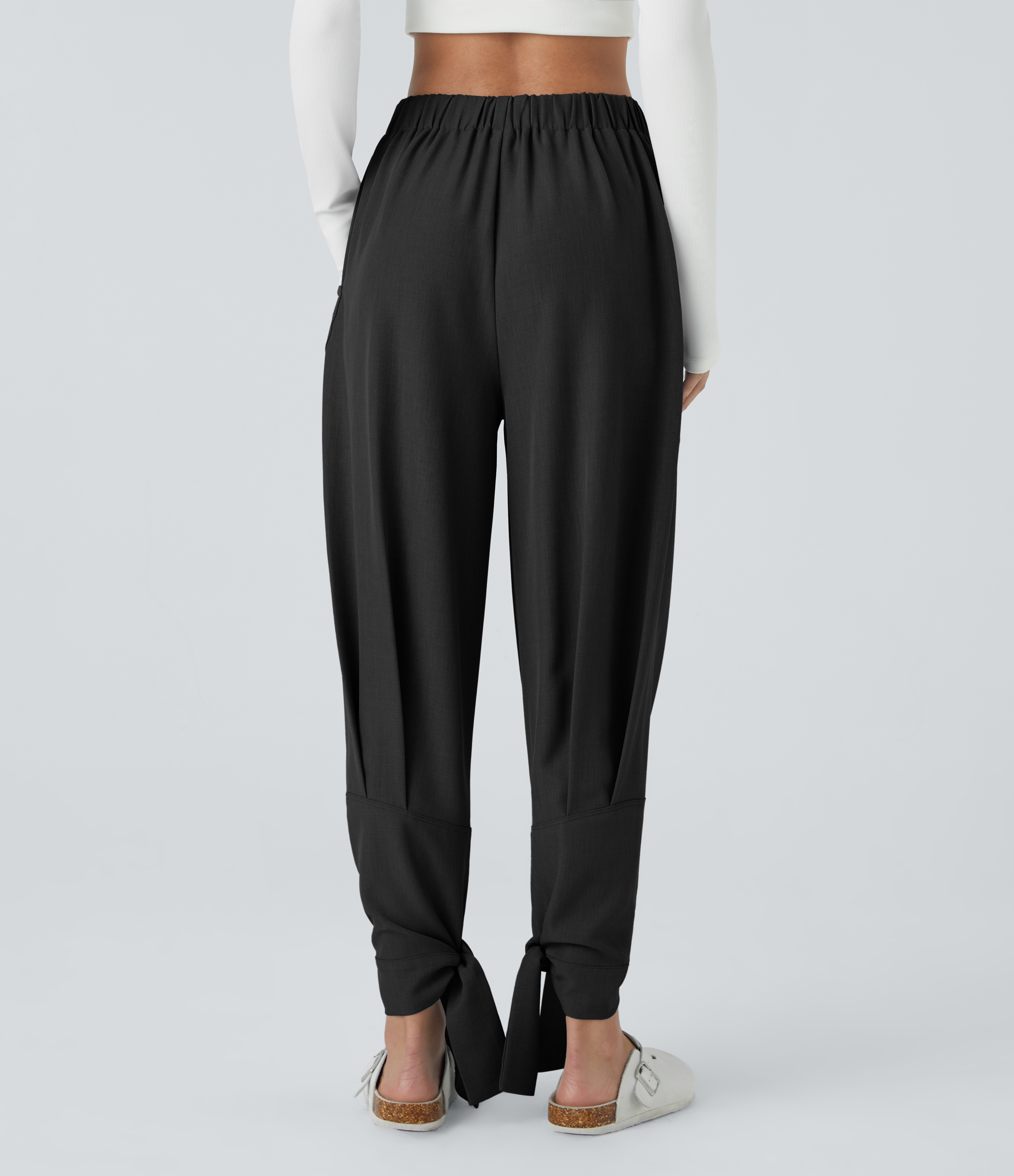 Halara Mid Rise Side Pocket Plicated Knot Casual Pants  - Black - S(regular) sweatpants jogger pants stacked sweatpants cargo joggers 
