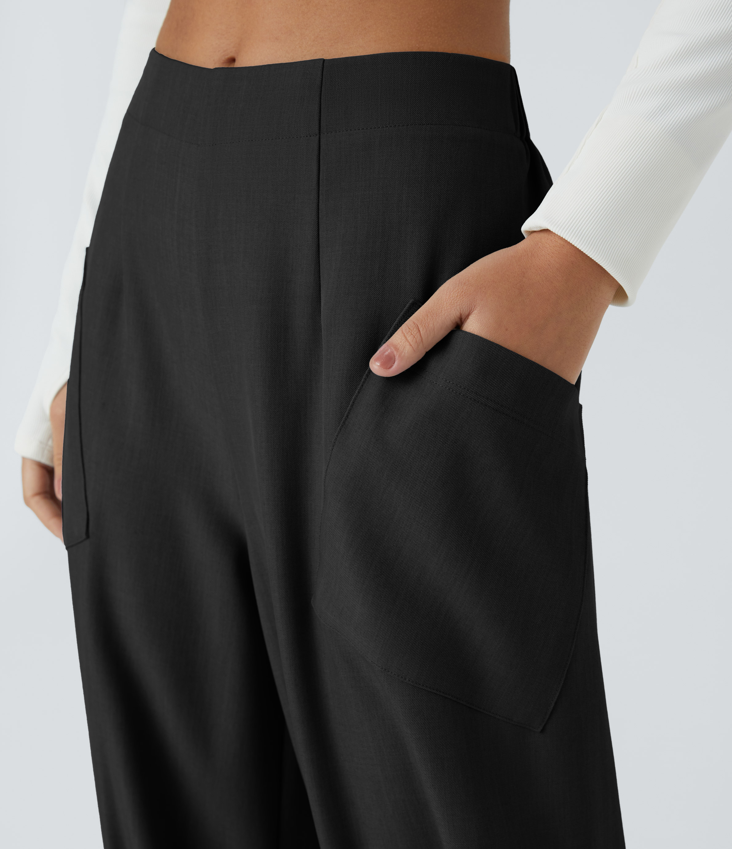 Halara Mid Rise Side Pocket Plicated Knot Casual Pants  - Black - S(regular) sweatpants jogger pants stacked sweatpants cargo joggers 