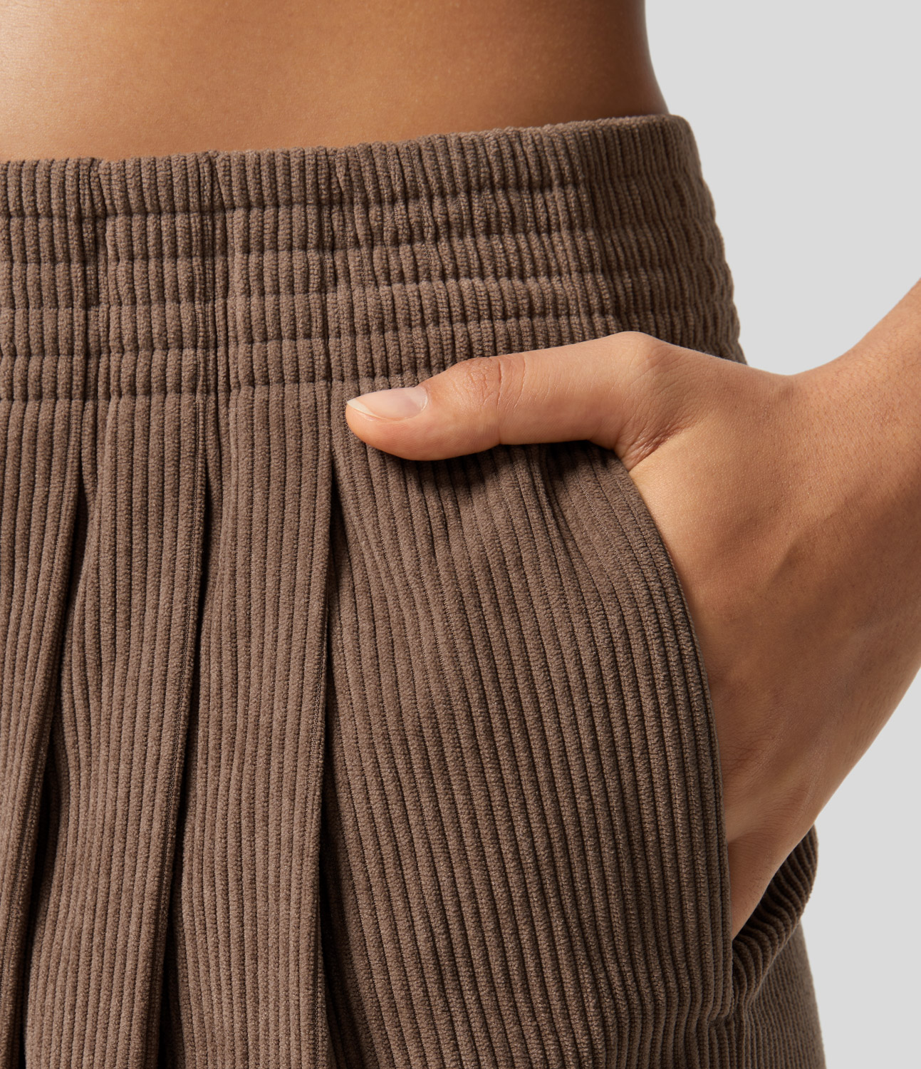 Halara Mid Rise Elastic Waistband Side Pocket Ruched Split Hem Corduroy Casual Wide Leg Pants  - Cocoa Brown - S(regular) 