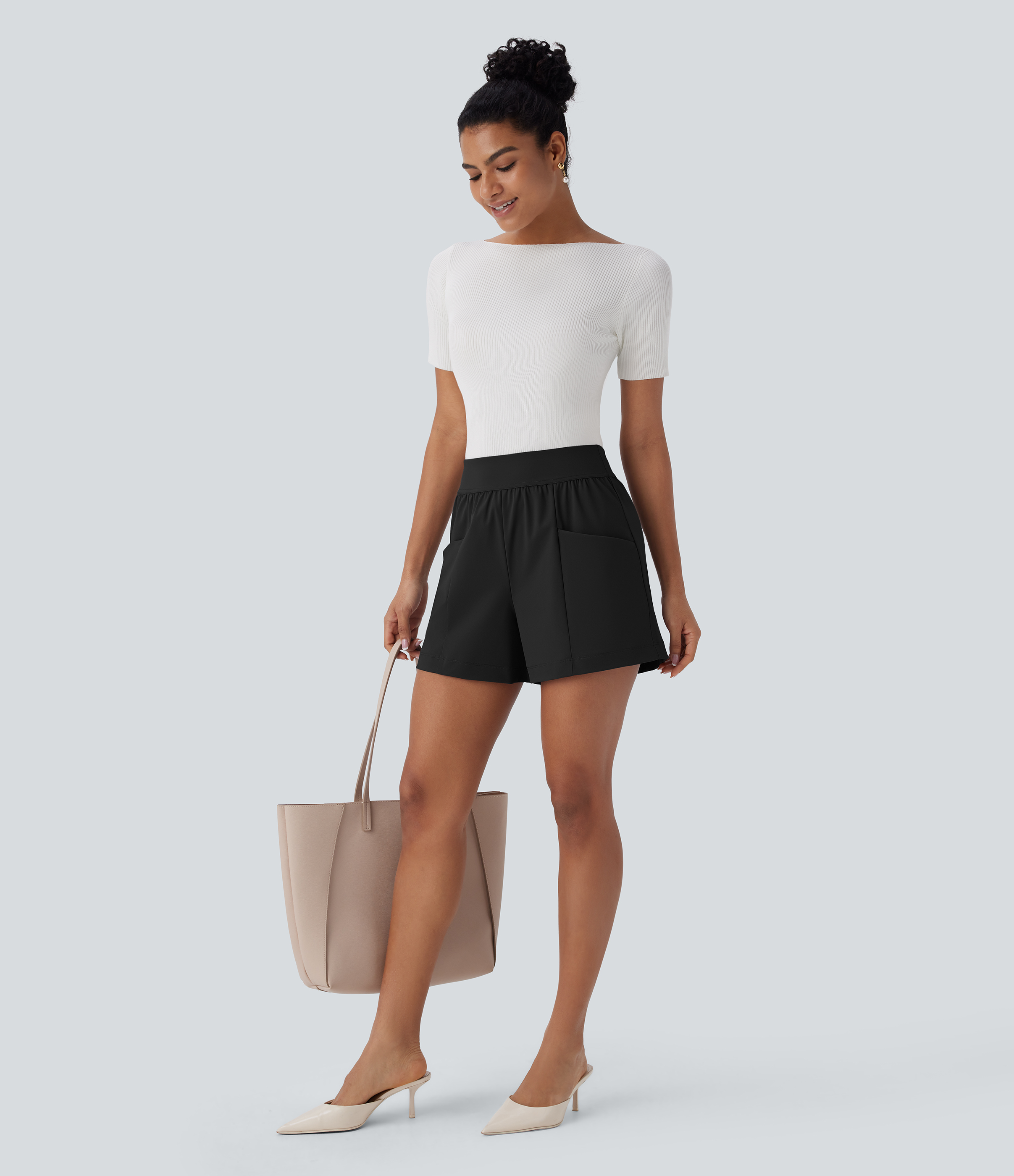 Halara High Waisted Side Pocket Work Shorts 4``  - Black - L booty shorts compression shorts yoga shorts 