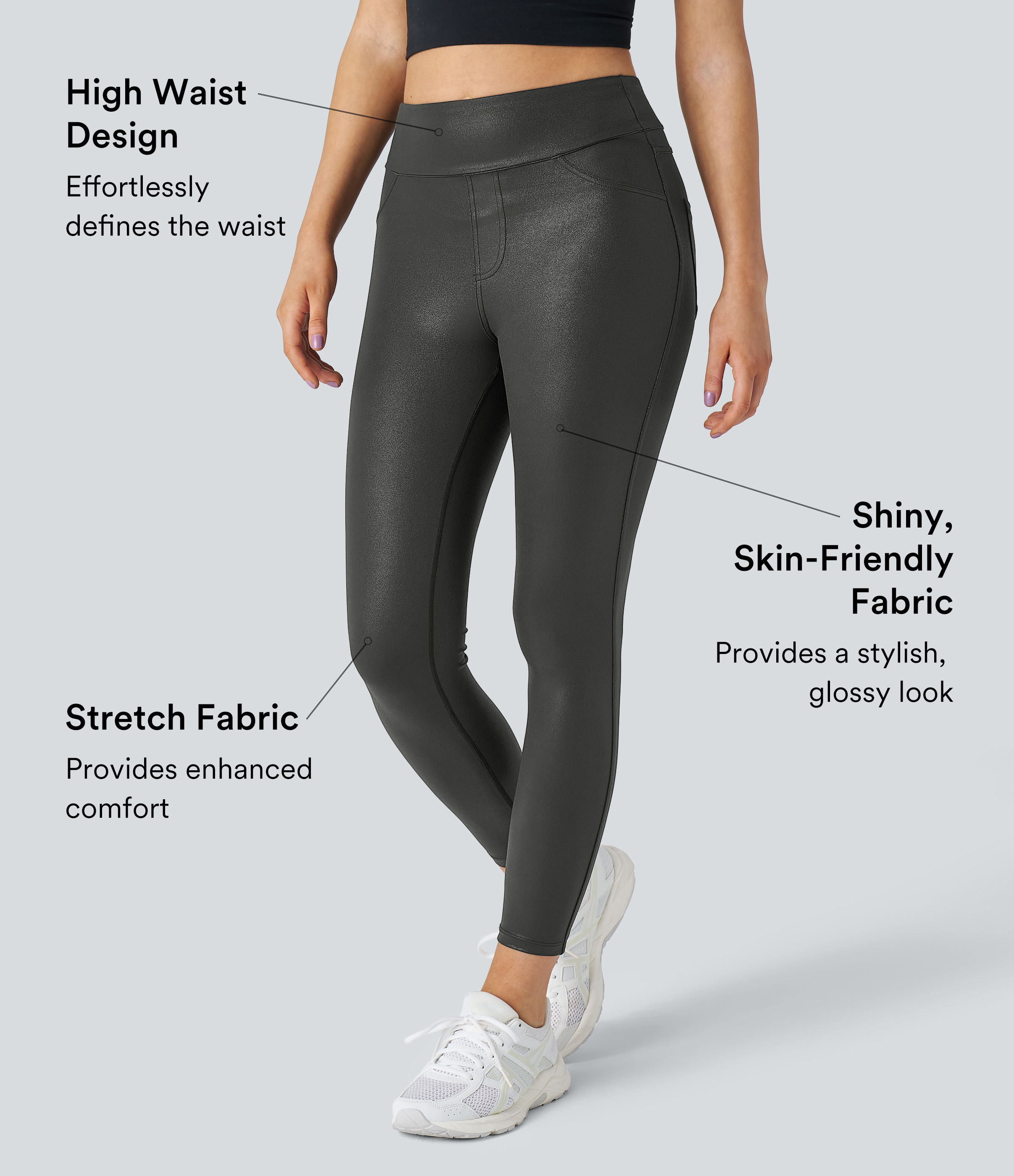 Halara Cloudfulв„ў Shine Fabric High Waisted Back Side Pocket Work Faux Leather Leggings  - Shiny Dusk Black - M(full_length) gym leggings 
