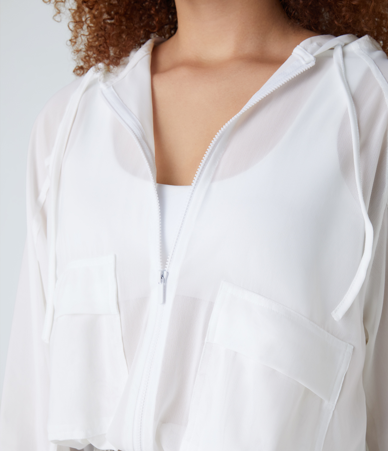 Halara Hooded Zipper Front Pocket Drawstring Hem Sheer Mesh Hiking Jacket  - White - XS 