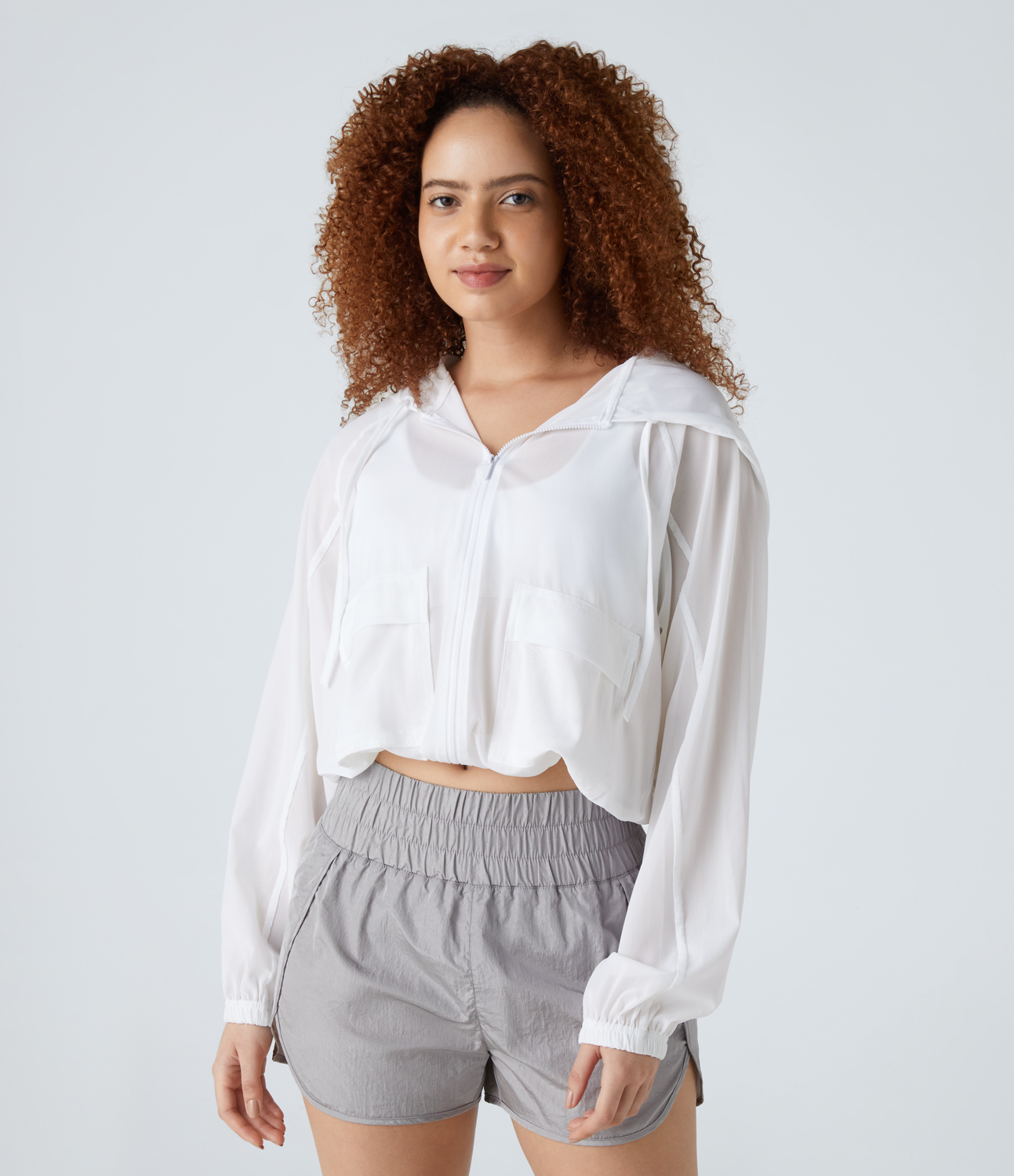 Halara Hooded Zipper Front Pocket Drawstring Hem Sheer Mesh Hiking Jacket  - White - XS 