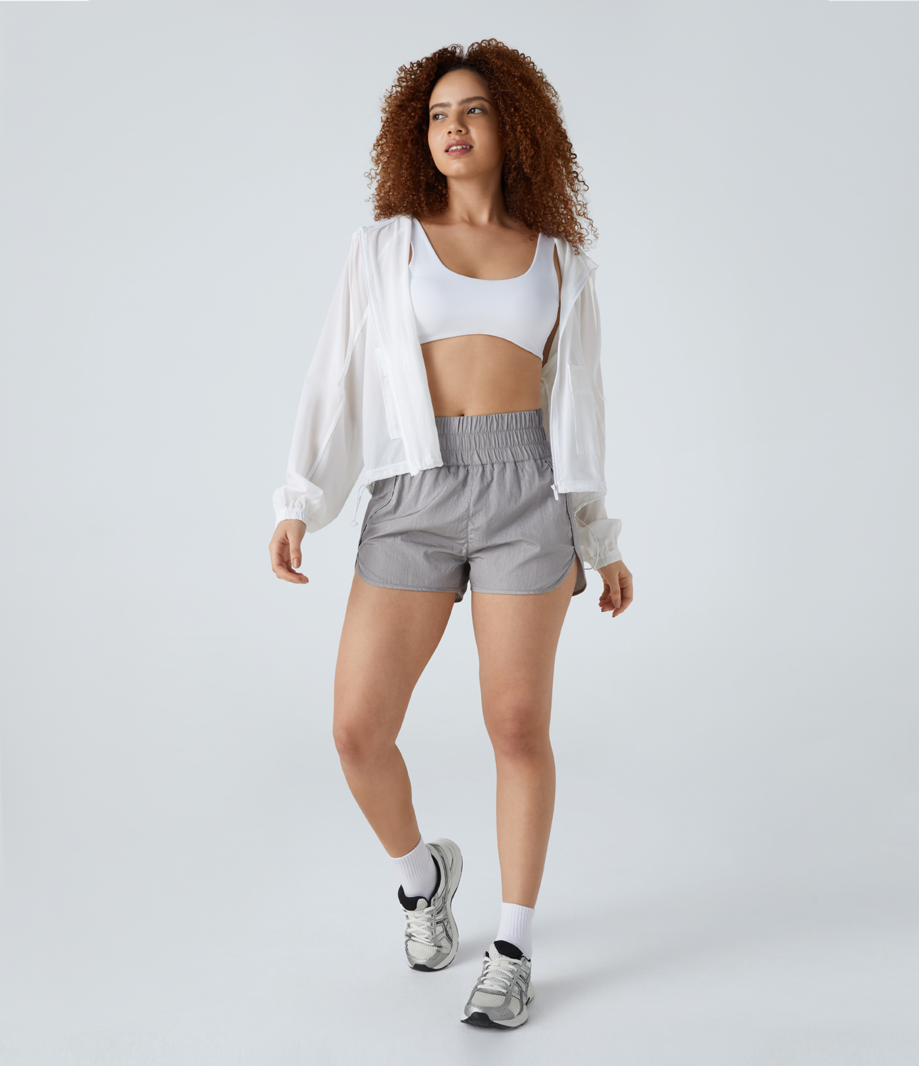 Halara Hooded Zipper Front Pocket Drawstring Hem Sheer Mesh Hiking Jacket  - White - XS 