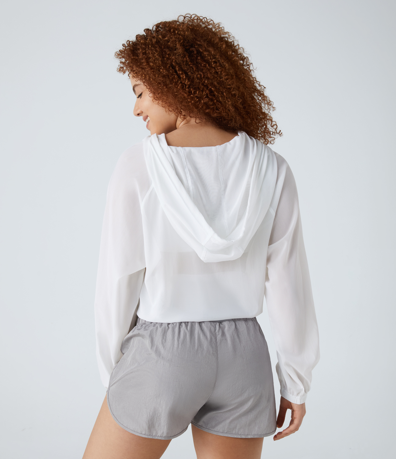 Halara Hooded Zipper Front Pocket Drawstring Hem Sheer Mesh Hiking Jacket  - White - XS 