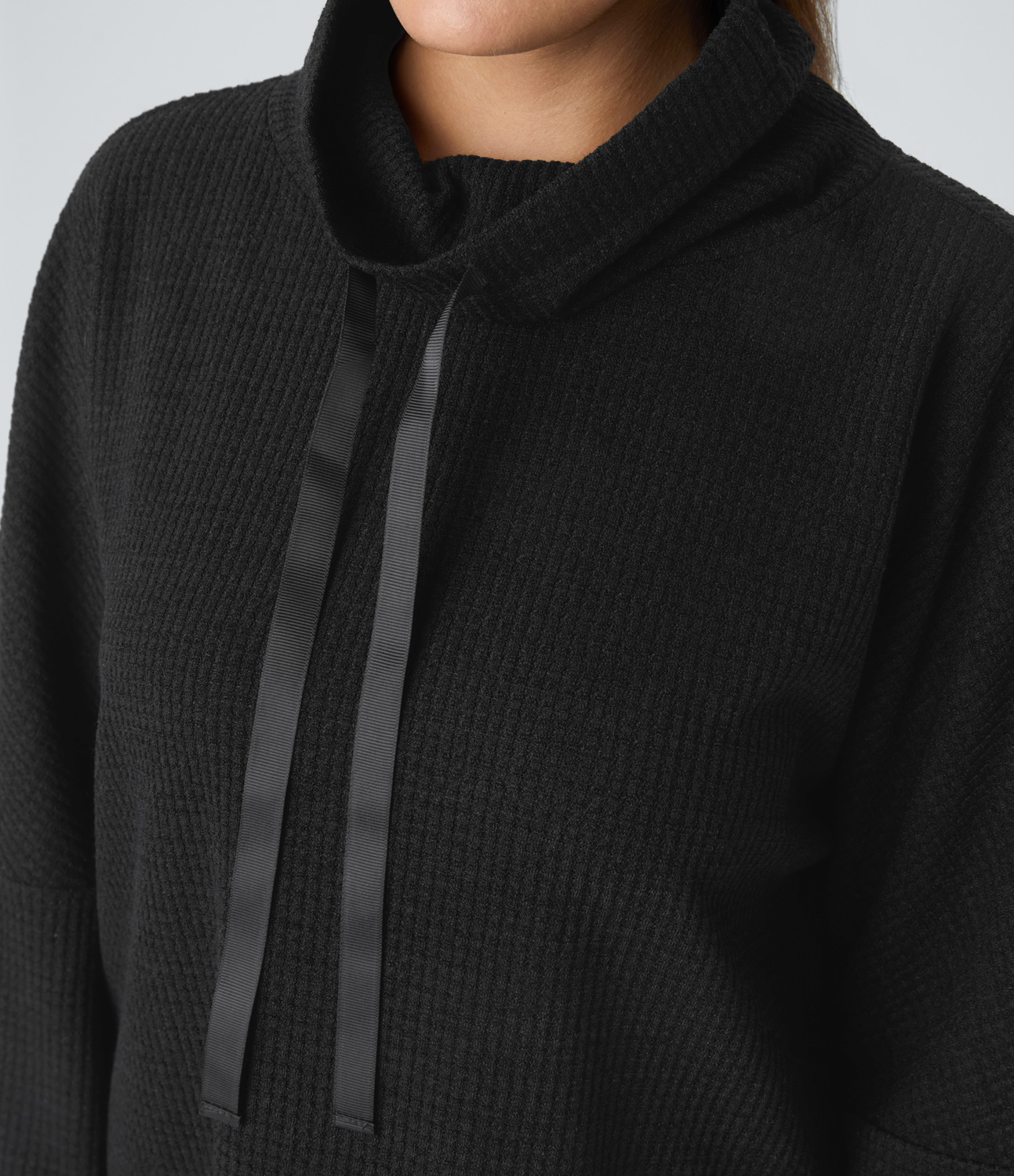 Halara Cowl Neck Drawstring Thumb Hole Split Knit Waffle Casual Sweatshirt  - Black - XL 