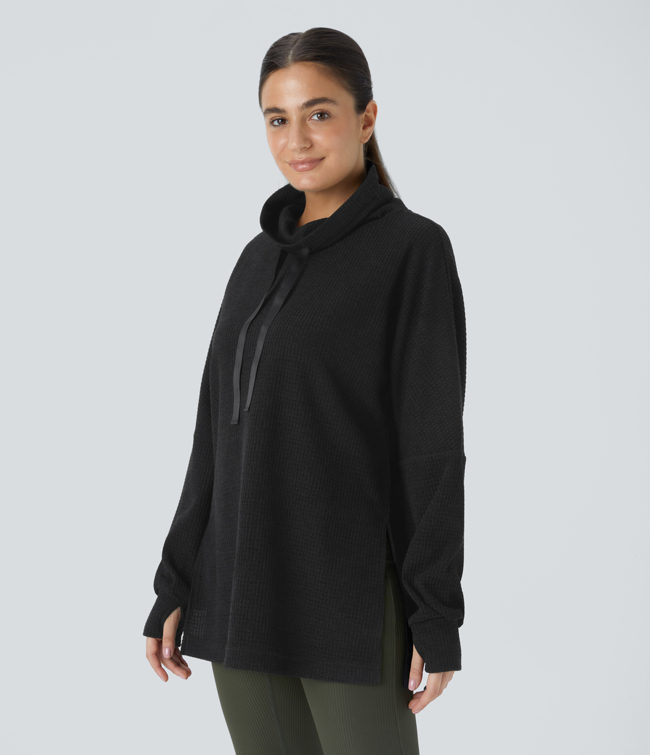 Halara Cowl Neck Drawstring Thumb Hole Split Knit Waffle Casual Sweatshirt  - Black - XL 