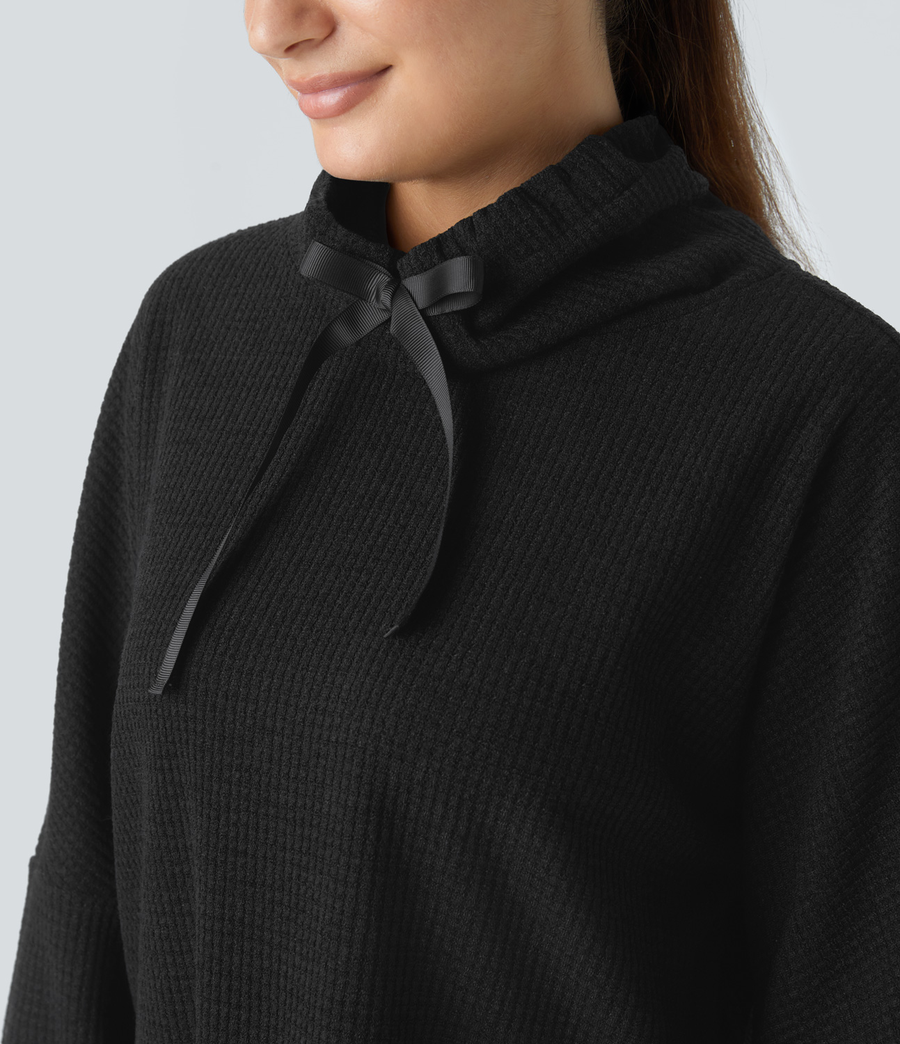 Halara Cowl Neck Drawstring Thumb Hole Split Knit Waffle Casual Sweatshirt  - Black - XL 