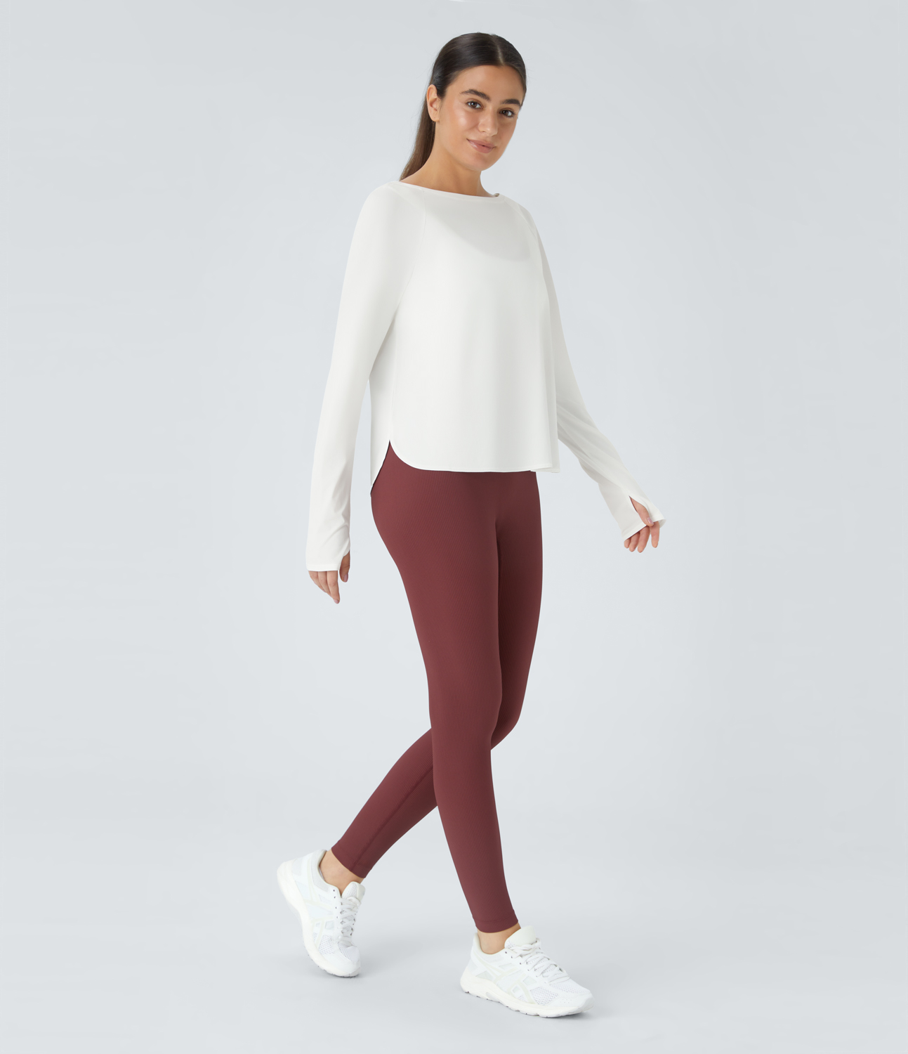 Halara Round Neck Raglan Sleeve Thumb Hole Curved Split Hem Hiking Sports Top  - White - L 