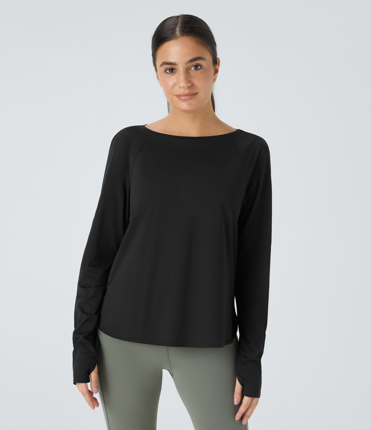 Halara Round Neck Raglan Sleeve Thumb Hole Curved Split Hem Hiking Sports Top  - Black - XL 