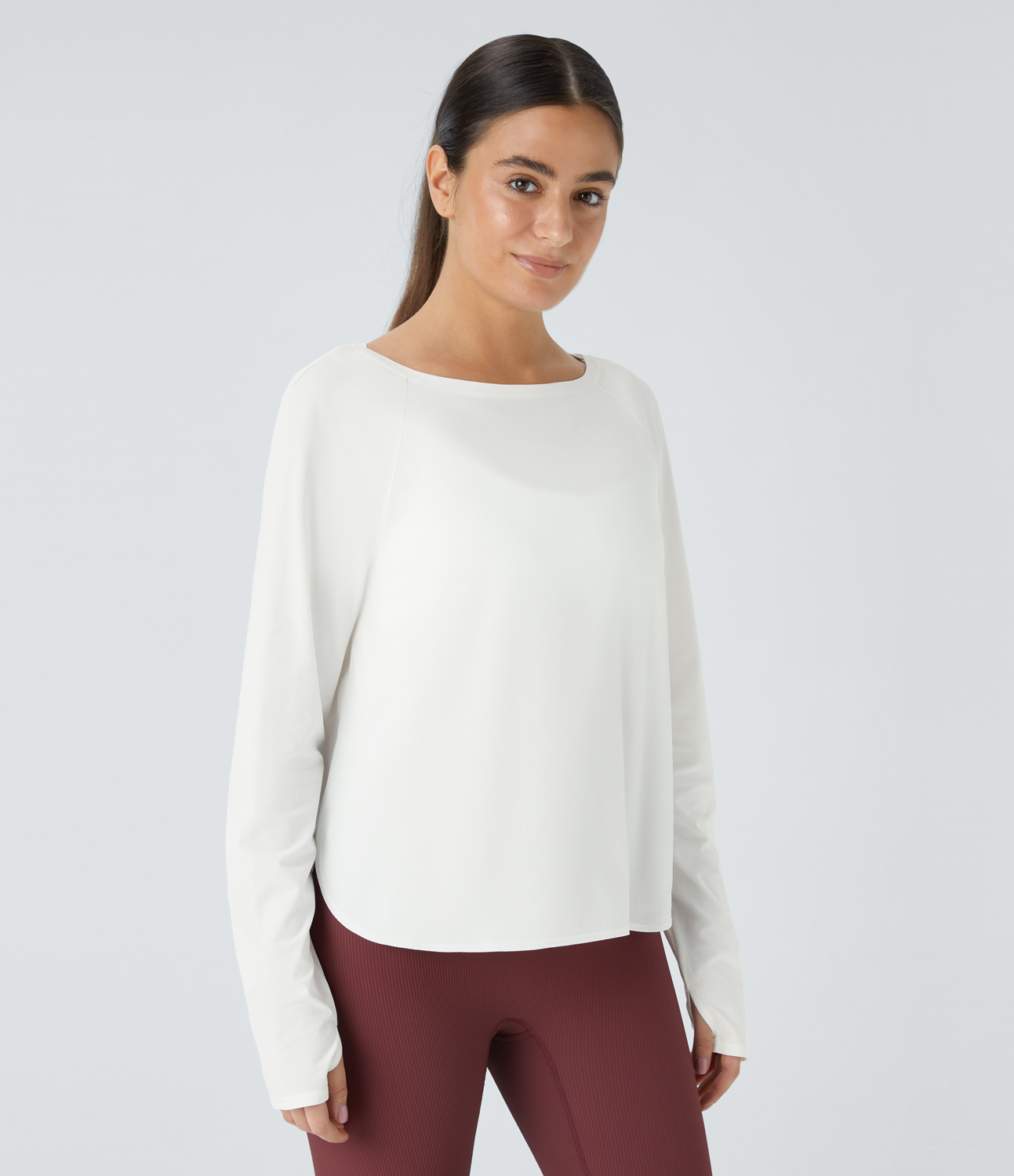 Halara Round Neck Raglan Sleeve Thumb Hole Curved Split Hem Hiking Sports Top  - White - L 