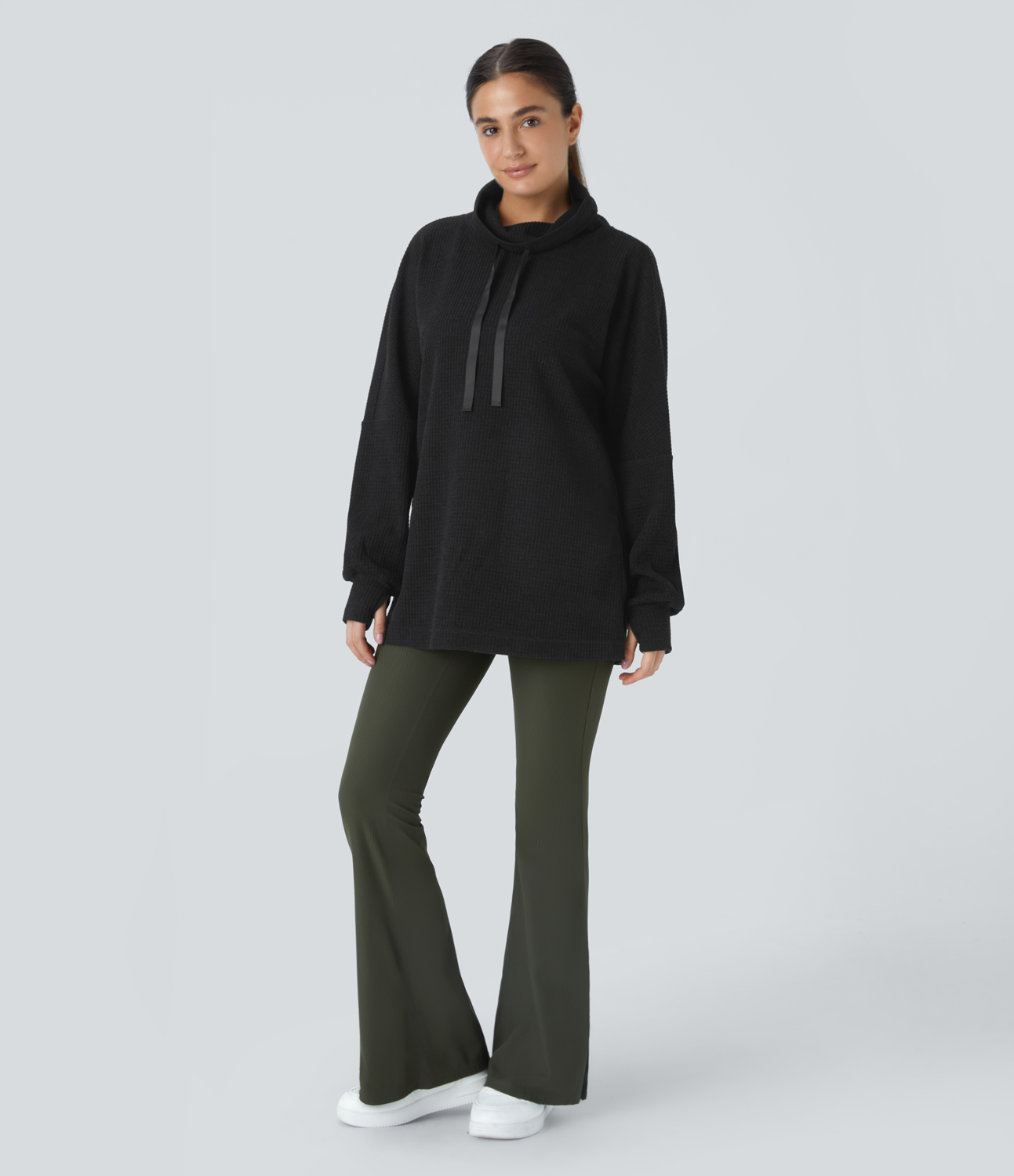 Halara Cowl Neck Drawstring Thumb Hole Split Knit Waffle Casual Sweatshirt  - Black - XL 