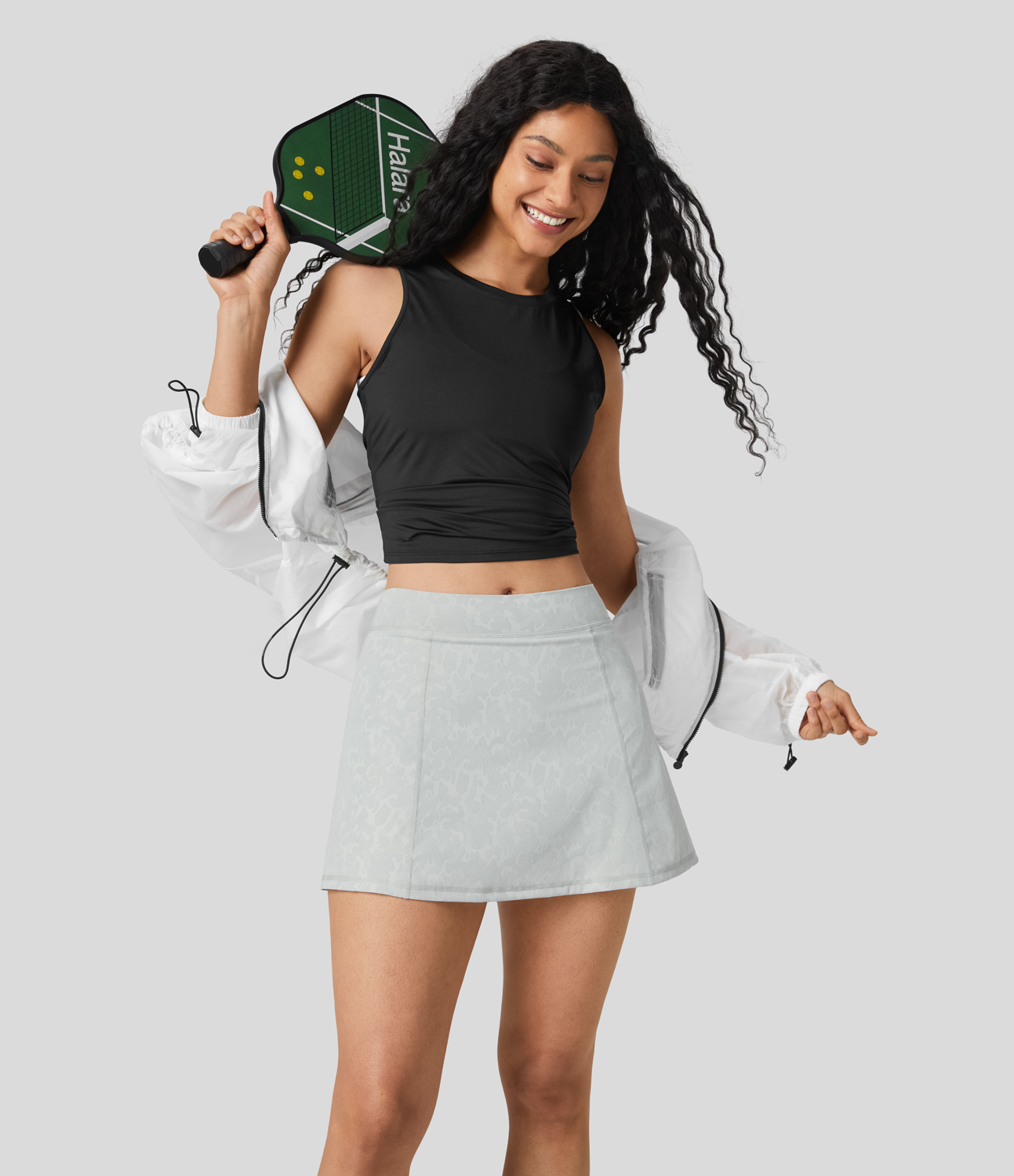 

Halara Mid Rise 2-in-1 Side Pocket Camo Jacquard Cool Touch Flare Mini Pickleball Skirt - Azure Gray Tie Dye